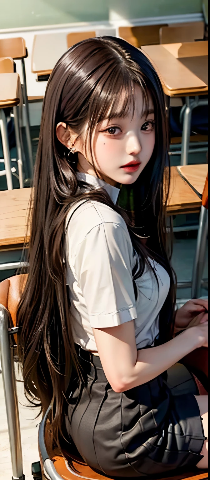 (masterpiece: 1.3), (Maximum resolution: 1.2), (Ultra HD TV: 1.2), Cinema Lights, Ultra HD TV, (Detailed eyes and skin), (Detailed facial features), High resolution, 8k resolution, Sharp focus: 1.2, Perfect Style, Beautiful Face, Accurate, Anatomically correct, Highly detailed face and skin texture, Detailed eyes, Brown eyes, double eyelid, Thin eyebrows, Glitter Eyeliner: 1.2, Natural Cheeks, Glowing Skin, Fair skin: 1.2, Shiny little necklace and earrings, (Glossy Lips: 1.4), break, First Person View, Wearing a high school uniform, (Fascinating face: 1.2), Pure and cute, (High ponytail, Wavy Hair, Gray hair and some colored hair, Diagonal bangs), Medium Long Hair, View from above, (Full Body Shot: 1.2), Focus on the face, ((Very close relationship: 1.2)), (Medium large breasts), (((In the classroom: 1.2)), ((sit cross-legged on a school chair:1.4)), (Look at me)), (From the side:1.2),Long legs,Thin legs,Long and thin hands,Tight waist,long thighs,Bare legs,(No tights),Beautiful feet,Slim figure,A slim but muscular physique, typical of a track and field athlete