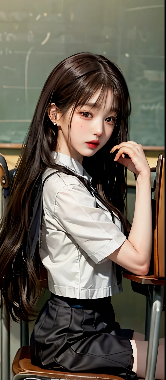 (masterpiece: 1.3), (Maximum resolution: 1.2), (Ultra HD TV: 1.2), Cinema Lights, Ultra HD TV, (Detailed eyes and skin), (Detailed facial features), High resolution, 8k resolution, Sharp focus: 1.2, Perfect Style, Beautiful Face, Accurate, Anatomically correct, Highly detailed face and skin texture, Detailed eyes, Brown eyes, double eyelid, Thin eyebrows, Glitter Eyeliner: 1.2, Natural Cheeks, Glowing Skin, Fair skin: 1.2, Shiny little necklace and earrings, (Glossy Lips: 1.4), break, First Person View, Wearing a high school uniform, (Fascinating face: 1.2), Pure and cute, (High ponytail, Wavy Hair, Gray hair and some colored hair, Diagonal bangs), Medium Long Hair, View from above, (Full Body Shot: 1.2), Focus on the face, ((Very close relationship: 1.2)), (Medium large breasts), (((In the classroom: 1.2)), ((sit cross-legged on a school chair:1.4)), (Look at me)), (From the side:1.2)，Long legs，Thin legs，Long and thin hands，Tight waist，long thighs，Bare legs，(No tights)，Beautiful feet，Slim figure，A slim but muscular physique, typical of a track and field athlete