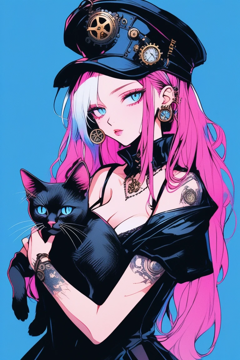 Illustrator, anime , Realistic ,sketch , 1 person, model, Portraiture, lip, Gothic Steampunk Hat, Black bustier jumper skirt, Expose your shoulders, order, Blue and pink gradient background, Neon colored hair, Big Breasts, (((whole body))), (((look back))), Holding a black kitten, Sexy look, Sexy pose, Texture Trim, Russia, (masterpiece,Highest quality)