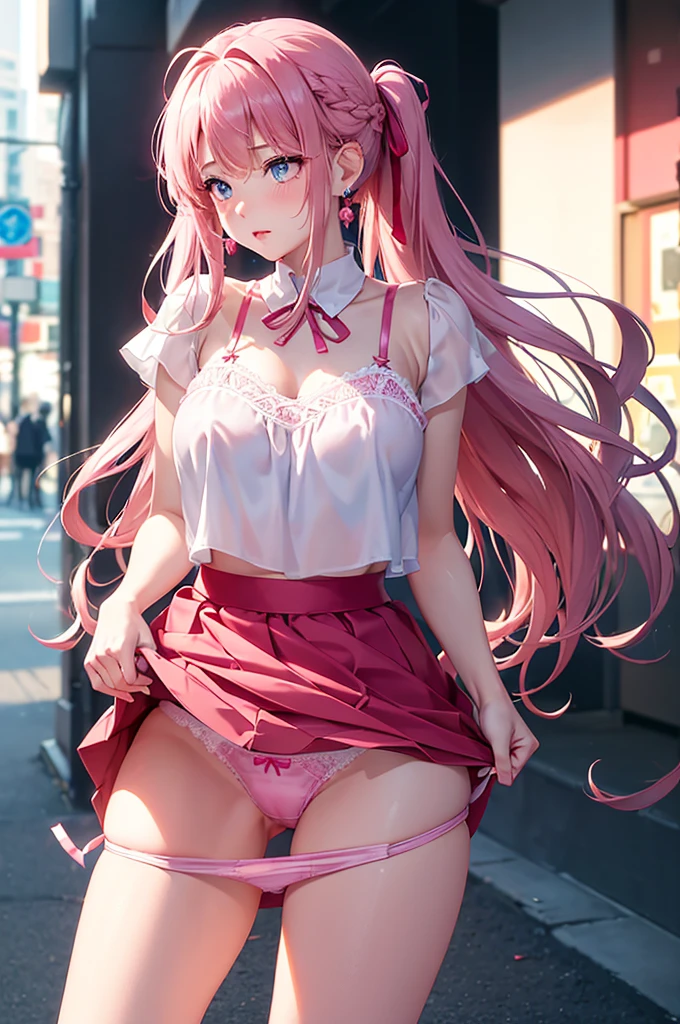 A beautiful girl going shopping, shopping bags in her hands, on the street, in public, a windy day, white sleeveless blouse, blouse with a high neck, red mini circle skirt, big rounds breasts, pink panties, ((Sexy and cute pink underwear:1.3), (Glossy satin panties, Lace panties:1.3), (Pink Panties, Panties with ribbons:1.3)), strap high heels, dark brown hair, long bangs, french braid, long hair, ponytail, wavy hair, expressive hair, shiny hair, hair flower, ribbon, jewelry, aqua eyes, glowing eyes, pupils sparkling, earrings, embarrassed, blush, surprised, red lips, glossy lips, full body, defined thighs, waist thin, wind lifts her skirt, (skirt lift :1.4), high detail, anime, anime style, depth of field, cinematic lighting, dithering, image fill, multiple views, atmospheric perspective, perspective, Wide-Angle, f/1.8, 85mm, Nikon, 8k, super detail, UHD, retina, masterpiece, accurate, anatomically correct, textured skin, super detail, best quality, highres, 16k