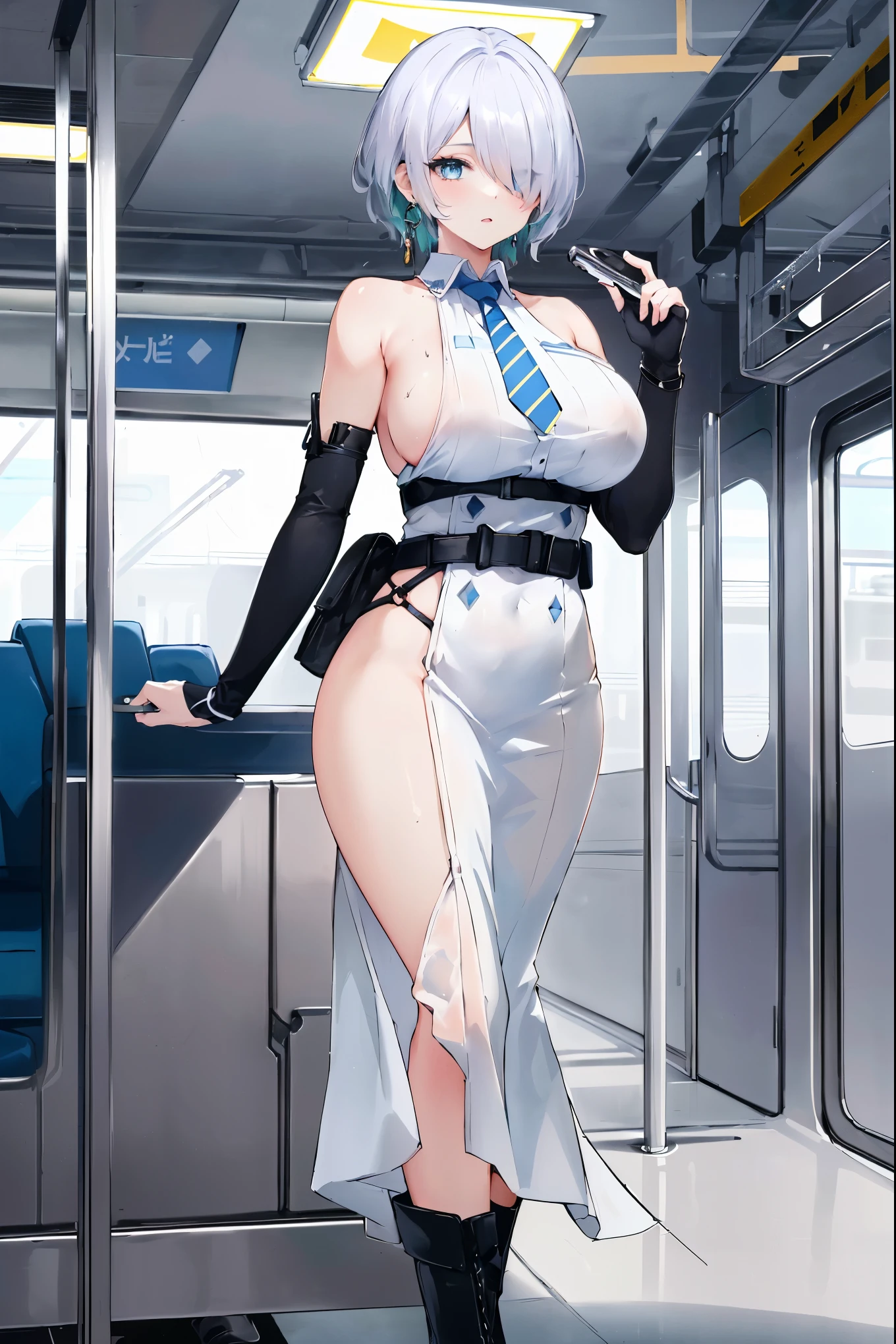 (masterpiece, best quality, ultra detailed, absurdres:1.5), 1girl, (sexy, beautiful woman, perfect face, perfect eyes, perfect female body, large breasts:1.5), (nikkebrid, white hair, low ponytail, hair over one eye, earrings, garrison cap, sleeveless shirt, long skirt, blue necktie, belt pouch, elbow gloves, high heel boots, ), (standing, indoors, future_train_landscape,future_station), perfect lighting, smooth, hdr