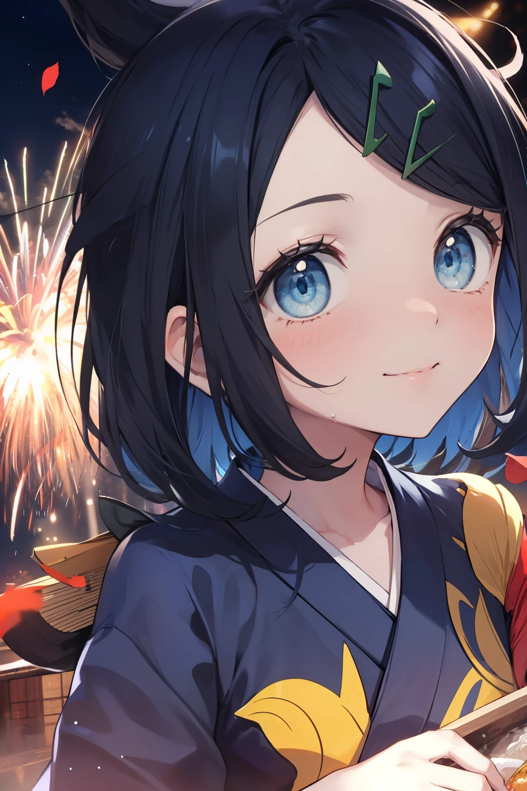 (masterpiece, Highest quality, 8K ultra-high resolution:1.4), Pokemon Riko, (A colorful navy blue yukata, night: 1.4), (Summer festival), ((turn around)), Beautiful Eyes,Flash photography, Backlight, ((Close-up of face:1.4)), (The best smile of my lover:1.4), ((((Smile brightly)))), Open your mouth, Show the yakisoba to the camera, Written boundary depth, Dramatic portrayal, (Colorful fireworks background), Focus of the film, , Emotional composition, Emotional engine full throttle BREAK Young and cute, Slender body, Flat Chest, Highly detailed glossy skin,Sweat, 完璧なPokemon Riko
, Wind, detailed in the Wind, petals dancing in the Wind
BREAK
ultra detailed crystal eyes, Eyes like shining jewels