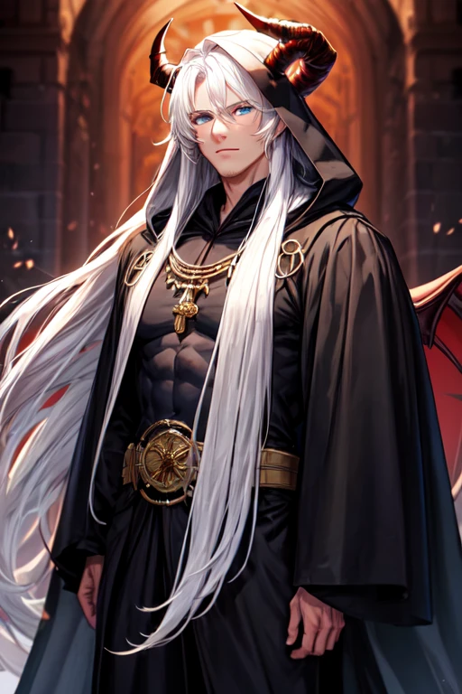 A handsome demon, a tall man of strong build in human form with horns ,white long hair and blue eyes in a black robe with a hood