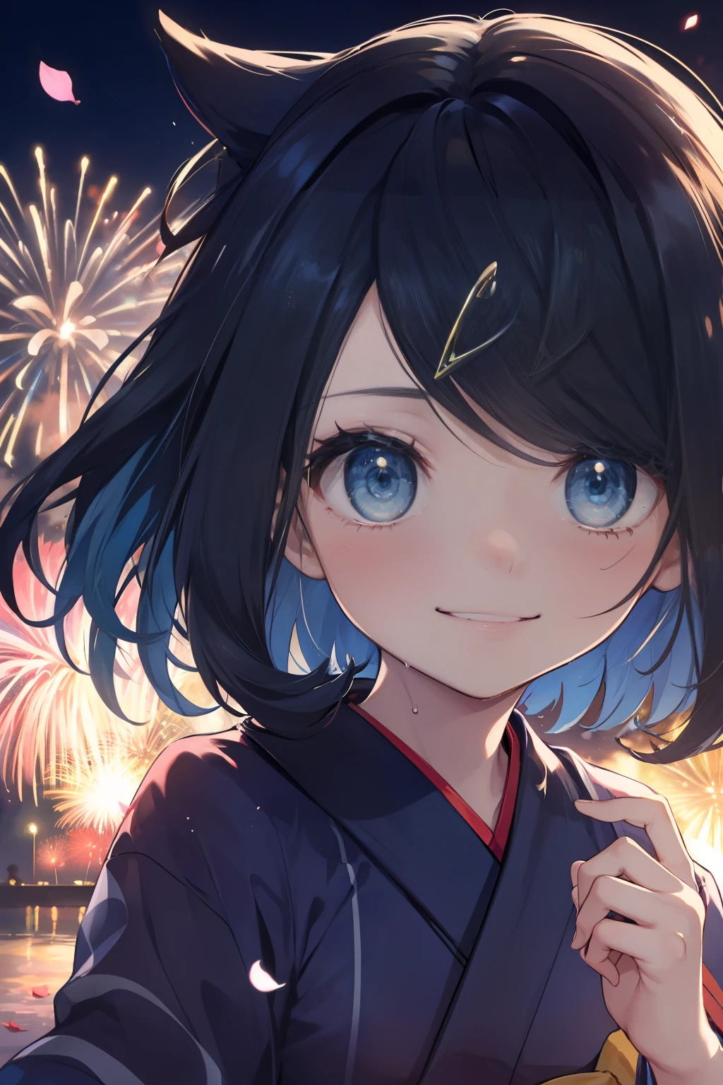 (masterpiece, Highest quality, 8K ultra-high resolution:1.4), Pokemon Riko, (A colorful navy blue yukata, night: 1.4), (Summer festival), ((turn around)), Beautiful Eyes,Flash photography, Backlight,  ((Close-up of face:1.4)), (The best smile of my lover:1.4), ((((Smile brightly)))), Open your mouth, Show the yakisoba to the camera, Written boundary depth, Dramatic portrayal, (Colorful fireworks background), Focus of the film, , Emotional composition, Emotional engine full throttle BREAK Young and cute, Slender body, Flat Chest, Highly detailed glossy skin,Sweat,  完璧なPokemon Riko
, Wind, detailed in the Wind, petals dancing in the Wind
BREAK
ultra detailed crystal eyes, Eyes like shining jewels