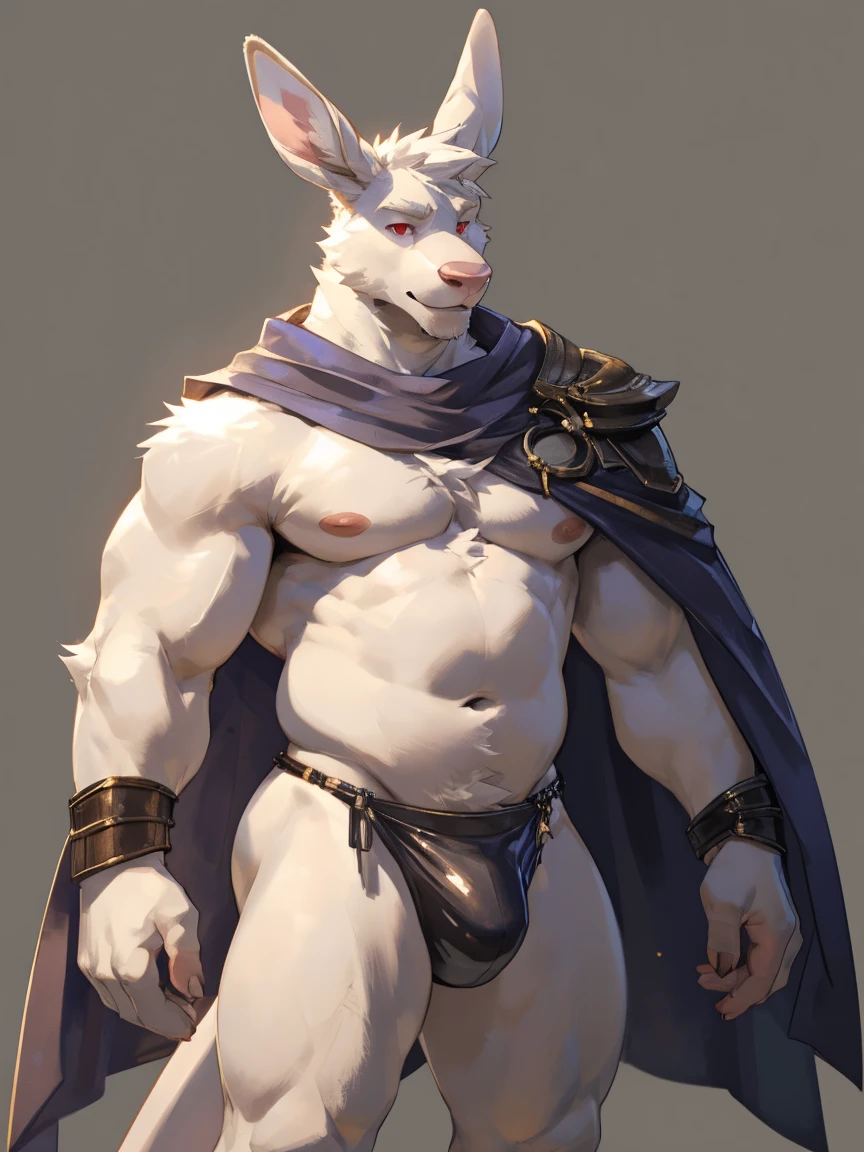Solo, male, albino kangaroo, in one color tone, with long ears, in gladiator shoulder cape, navel showing, in fancy gladiator leather thong, chest, big chest view, ((focus body, furry focus, shades focus, body shades)) (((gray background, gray wallpaper, one color))), by darkgem, by mystikfox61, by glitter trap boy, albino, all white fur, red eyes, pink nose, navel, bulge, full body view, kangaroo tail