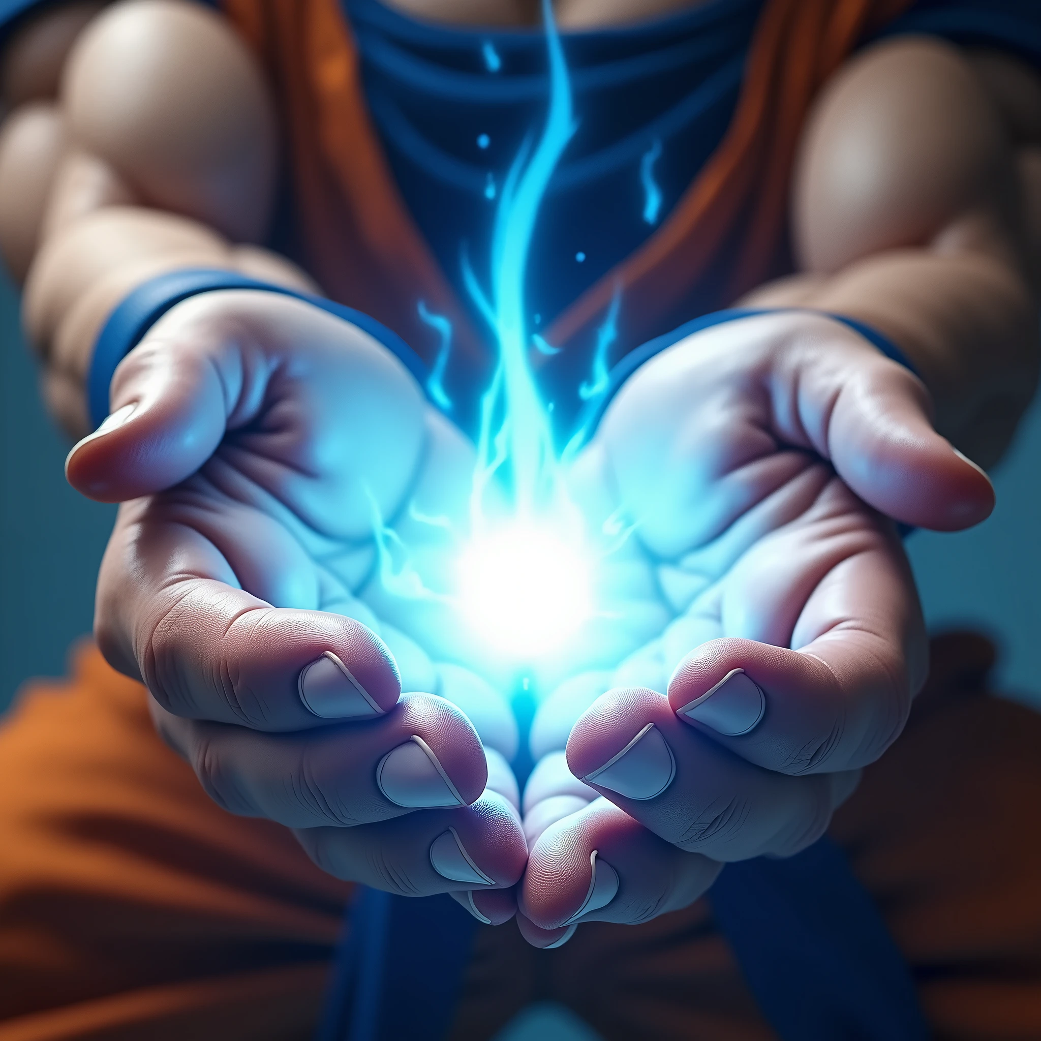 very super close-up image of the hands of Son Goku\(Dragon Ball\(manga\), muscular,shouting,angry\) ,pose of Kamehameha, shooting a beam from hands,realistic art style, generate only hands, screenshot of the action movie