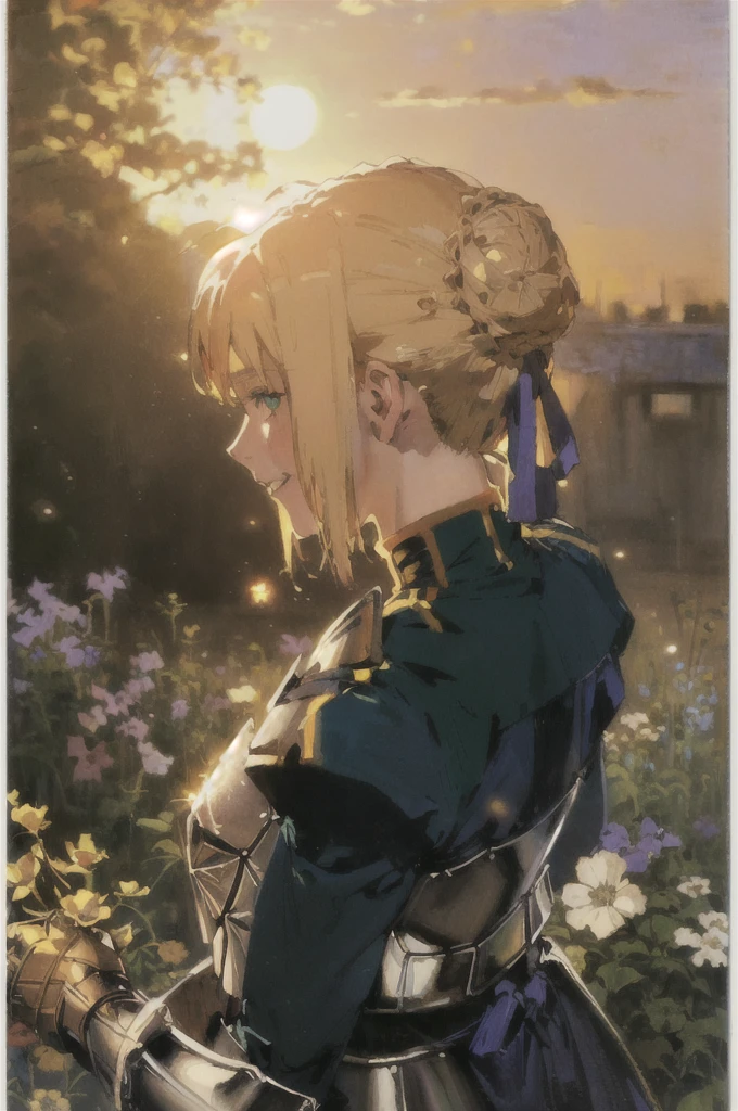 (art by (Carl Larsson:1.2,artoria_ pendragon,portrait painting,1 girl,an armor,,,,,half_shooting,bright, ,,,flowers and plants,sun,sparkling eyes, charming smile sunset from the back