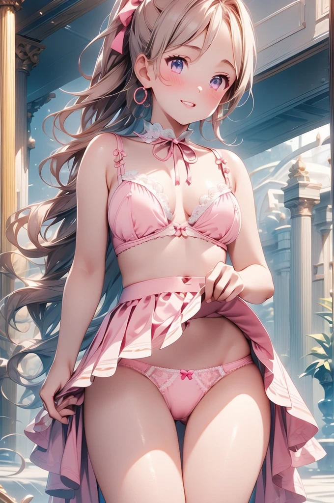 A beautiful girl going shopping, shopping bags in her hands, on the street, in public, a windy day, white sleeveless blouse, blouse with a high neck, red mini circle skirt, big rounds , pink panties, (( and cute pink :1.3), (Glossy satin panties, Lace panties:1.3), (Pink Panties, Panties with ribbons:1.3)), strap high heels, dark brown hair, long bangs, french braid, long hair, ponytail, wavy hair, expressive hair, shiny hair, hair flower, ribbon, jewelry, aqua eyes, glowing eyes, pupils sparkling, earrings, embarrassed, blush, surprised, red lips, glossy lips, full body, defined thighs, waist thin, wind lifts her skirt, (skirt lift :1.4), high detail, anime, anime style, depth of field, cinematic lighting, dithering, image fill, multiple views, atmospheric perspective, perspective, Wide-Angle, f/1.8, 85mm, Nikon, 8k, super detail, UHD, retina, masterpiece, accurate, anatomically correct, textured skin, super detail, best quality, highres, 16k