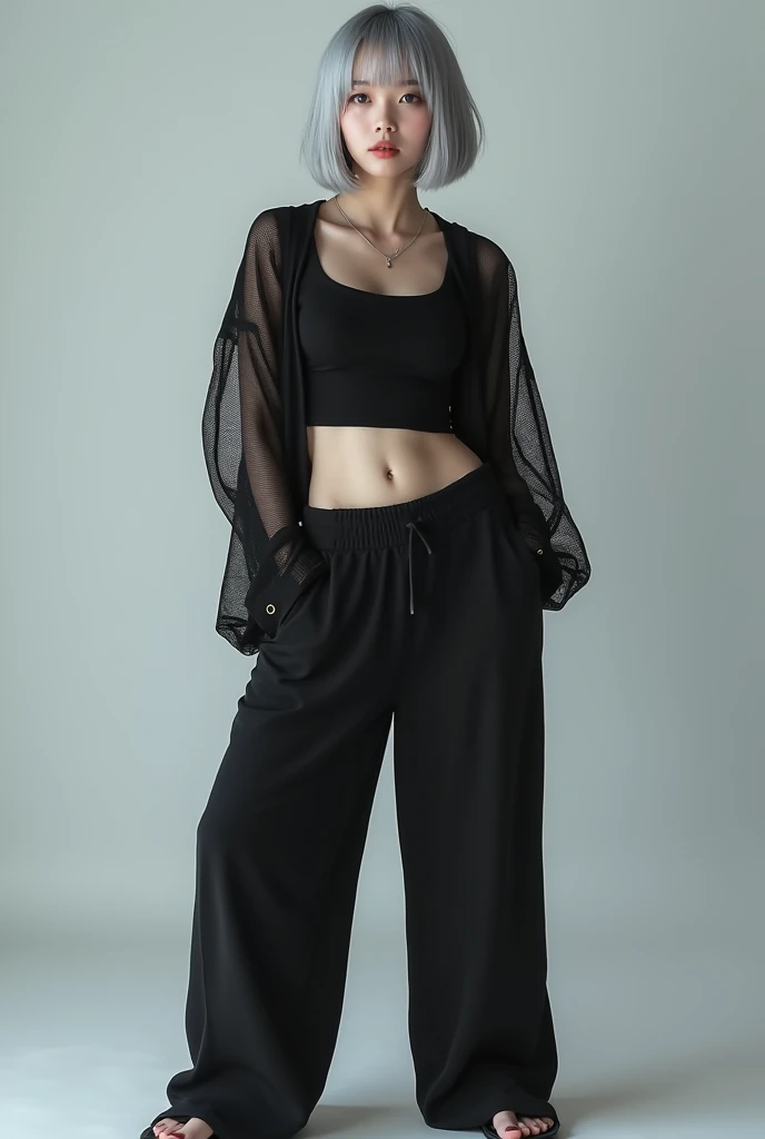 (8k, Photorealistic, Raw photo, Highest quality: 1.4),Japanese idol-style beautiful girl,model,1 person,18-year-old,(Short Bob),(Silver Hair :1.2),She has her hair tucked behind her ears,Clear grey eyes,Long eyelashes,(piercings(small)),(Lip gloss),lips(Plump,glossy),thin long neck,(Micro T-shirt((Skin-tight),(Black),(Short length that reveals the navel))),(Jacket((Black),(Sheer),(Mesh))Layered),(Wide leg pants((Sweat fabric),(Length that covers the instep))),barefoot,Sandals,Full body portrait
