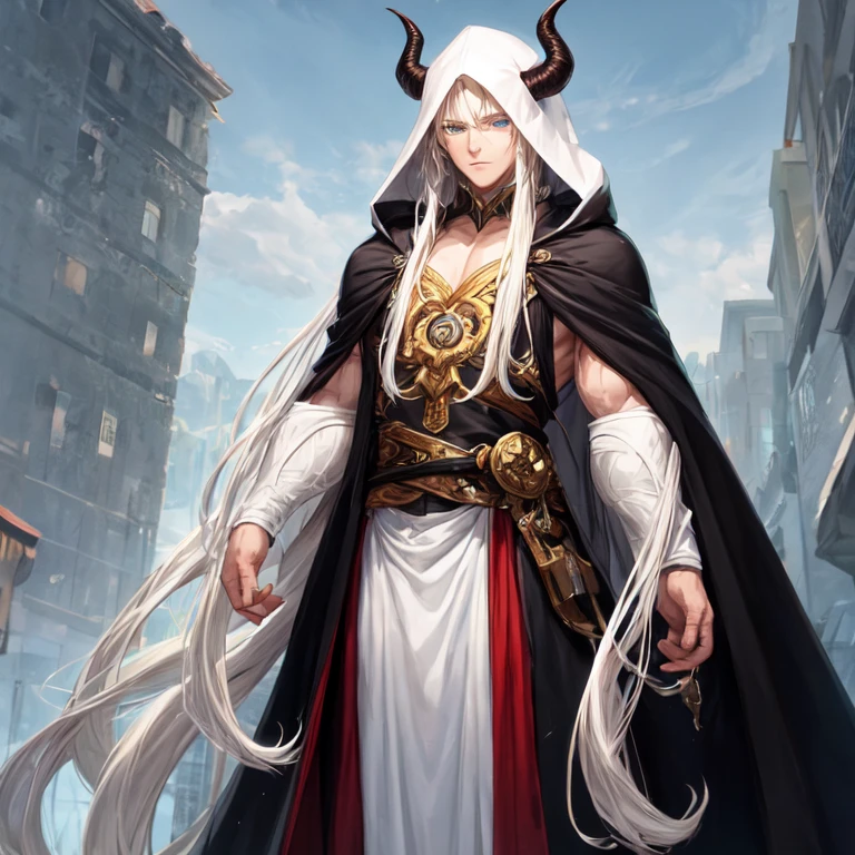 A handsome demon, a tall man of strong build in human form with horns ,white long hair and blue eyes in a black robe with a hood