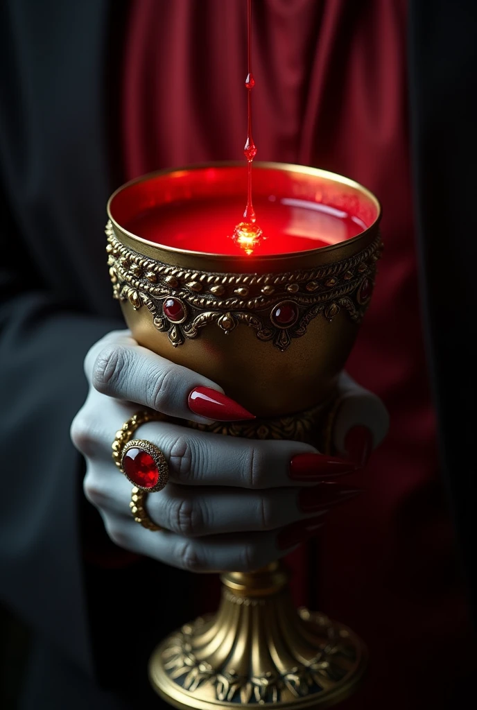 A close-up of a vampire's hand holding a big golden grail filled with blood, holding with single hand, hand with a ruby ring, pale gray skin, crimson nail color, red tunic, sharp and pointy nails, photorealistic, ethereal, dramatic lighting, chiaroscuro, intricate details, gothic horror, dark fantasy, deep red colors, dramatic shadows, moody atmosphere