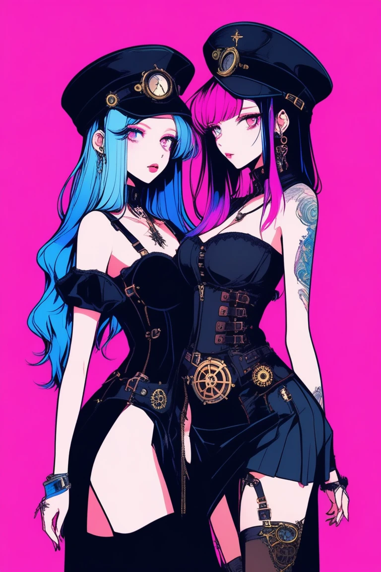 Illustrator, anime , Realistic ,sketch , 2 women, model, Portraiture, lip, wearing a gothic steampunk hat, Black bustier jumper skirt, Bare shoulders, order, Blue and pink gradient background, Neon colored hair, Big Breasts, (((Upper Body))), (((look back))), Sexy look, Sexy pose, Texture Trim, Russia, (masterpiece,Highest quality)