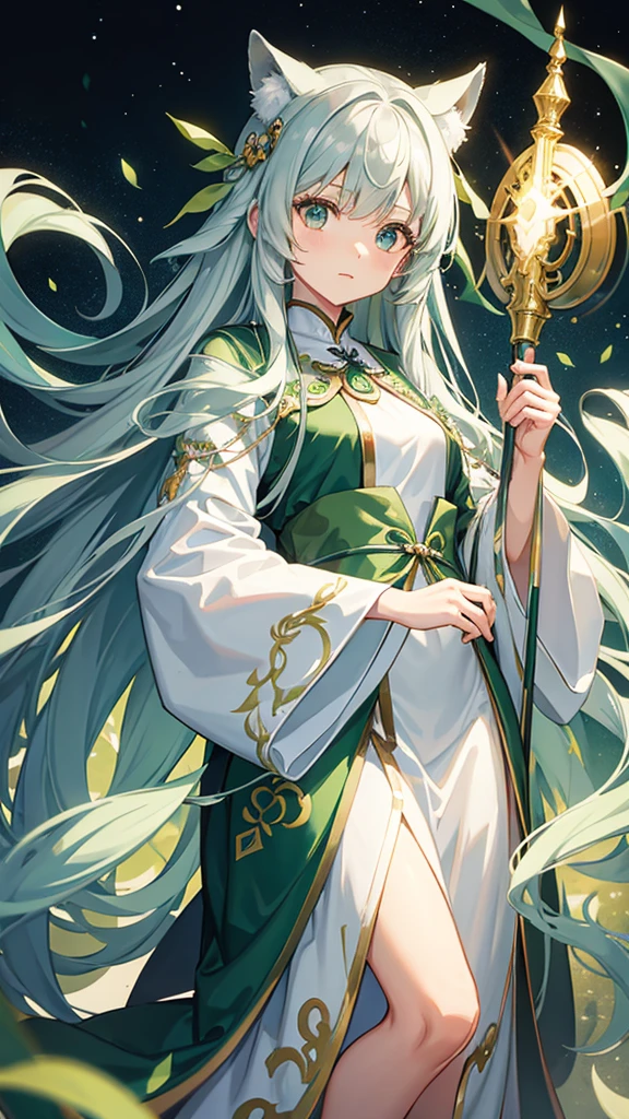 Silver long hair、One person、A long-sleeved robe in green、holding a green staff、Cute face、Background is white