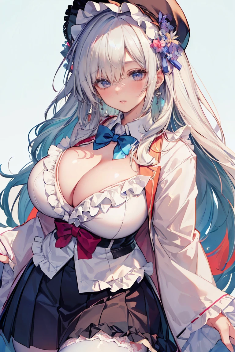 (cowboy shot: 1.5), (white background, simple background: 1.5), (masterpiece:1.5), (big breasts: 1.5), (1 girl: 1.5), young woman, (Beautiful Girl:1.5), (extremely detailed and delicate anime face and eyes:1.5), whole body, (natural light, HDR, extremely details CG:1.3), (dynamic posture: 1.3), {correct body anatomy}, (wide hips: 1.3), (perfect hands: 1.5), single focus, toned body, Beautiful Lips, thick lips, {surreal}, {correct posture}, {minutes details}, {detailed body}, {detailed clothing}, (Bright Eyes: 1.3), (cleavage: 1.3), {accessories}, {sexy}, (Short white blazer: 1.5), long sleeves jacket, (open jacket: 1.5), (puffed sleeves: 1.3), (wide sleeves: 1.5), one-piece dress, (school dress: 1.5), (dress with frills: 1.5), (skirt with lots of frills: 1.5), (skirt of frills: 1.3), (white lace-trimmed legwear: 1.5), white thighhighs, (Hakama bow: 1.5), hair flower, (white pointe shoes: 1.3), jewelry, (bowtie: 1.5), earrings, (Traditional Dutch Lace Bonnet: 1.3), (Shy look: 1.3), (long hair: 1.5), (two-tone hair: 1.5), (white hair with light blue streaks: 1.5), hair loop, (curly hair: 1.5), very thick hair, (hair over eyes, hair over one eye: 1.5), (sidelocks: 1.3), (eyes visible through hair: 1.5), glowing hair, (bright light blue eyes: 1.3),