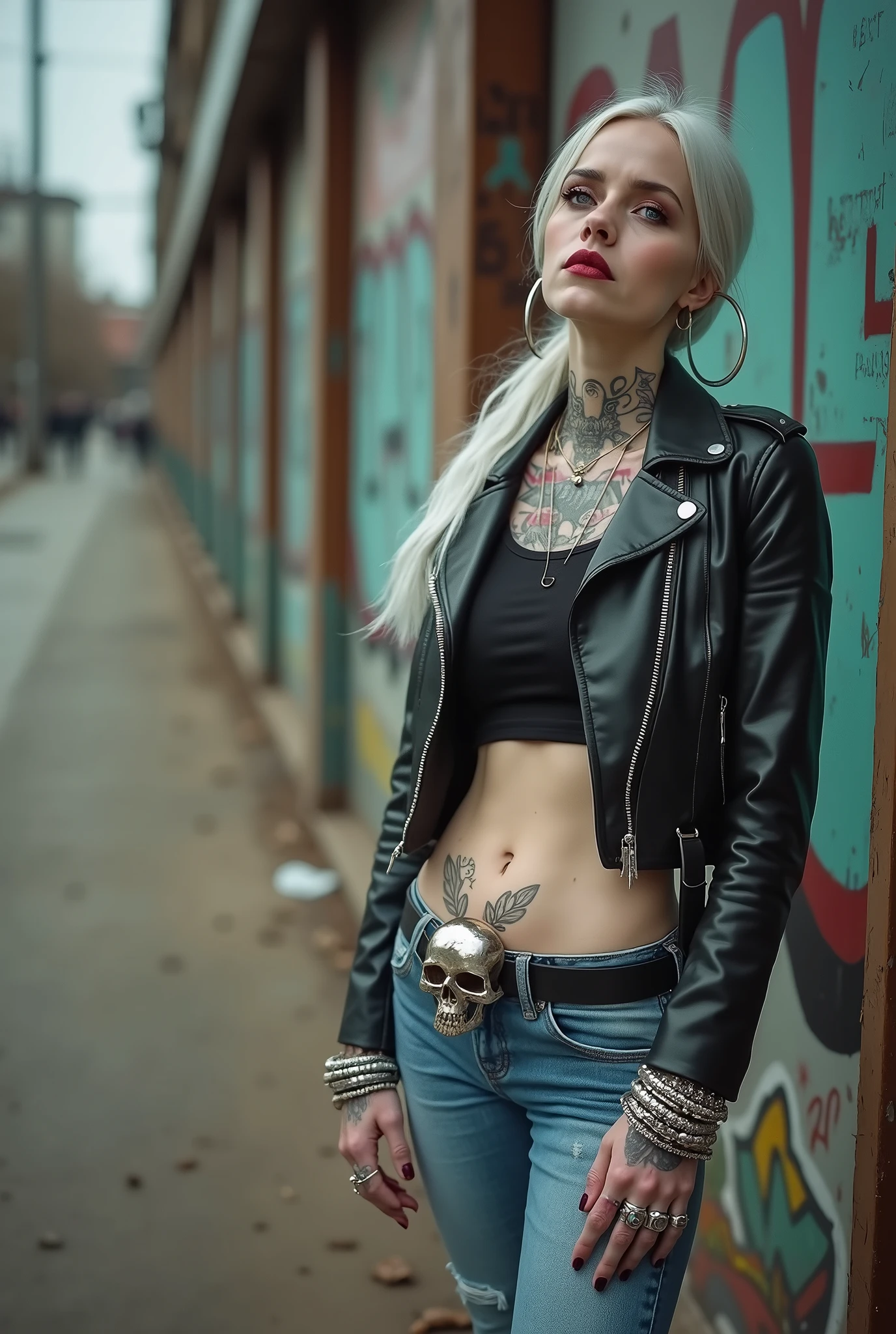 russian old milf woman, biker gang member, long grey hair (low ponitail) with very light blue eyes, extremely pale, heavy eye shadows. Thin. Sad, humbled face, smeared excessive make up and smeared excessive dark red lipstick Wearing cropped black moto jacket, black cropped t-shirt with rock band logo, skinny black jeans and white tennis sneakers. Lots of metallic bracelets. Big pentacle pendant. Tacky wide belt with massive skull and bones buckle . Demonic tattoos, on belly too. Piercing in belly button. Lots of rings and ethnic bracelets. Wide loop earrings. Looks ahead with amazement because she thinks God is talking to her, mouth and eyes open. Toned abs, long neck, thin arms and legs. Shoulders leaning on wall, separated legs