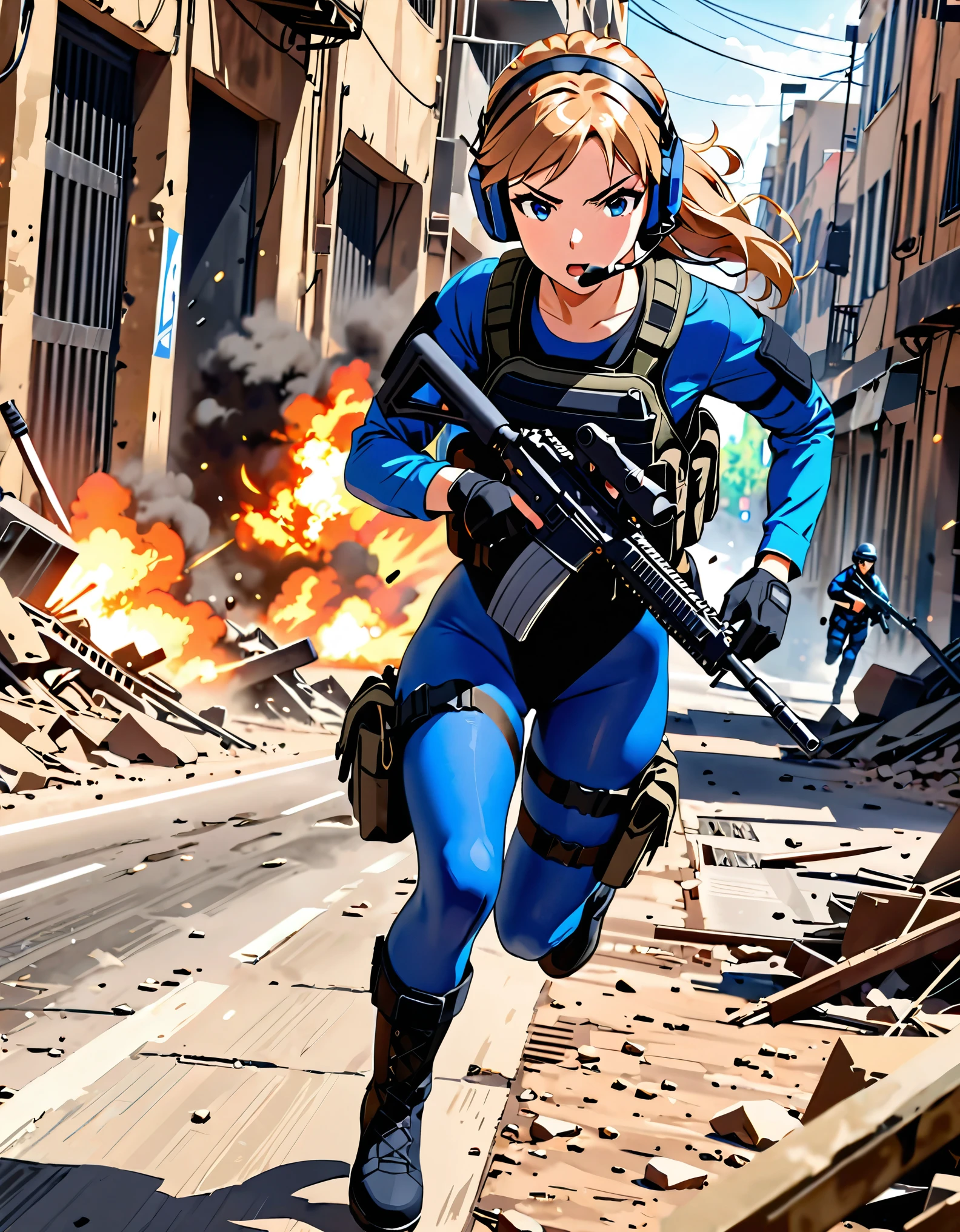 (best quality), (masterpiece), (highres), 1girl, solo, solo focus, tactical headset, black leotard, blue sleeves, black gloves, full pantyhose, blue pantyhose, black boots, knee boots, tactical gear, holding gun, assault rifle, running, dutch angle, war zone background, danger atmosphere, cinematic lighting, daytime