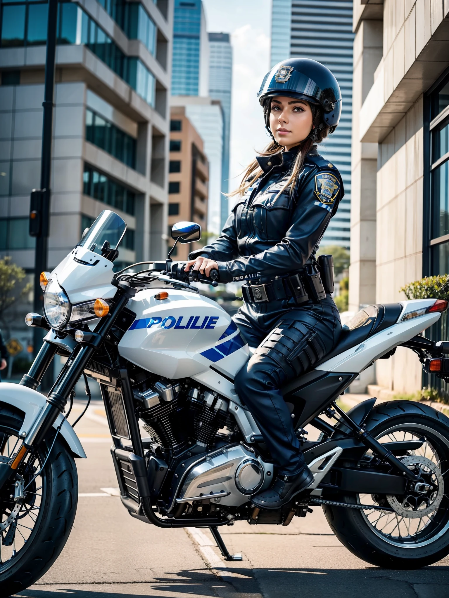 A beautiful female police officer astride a motorcycle