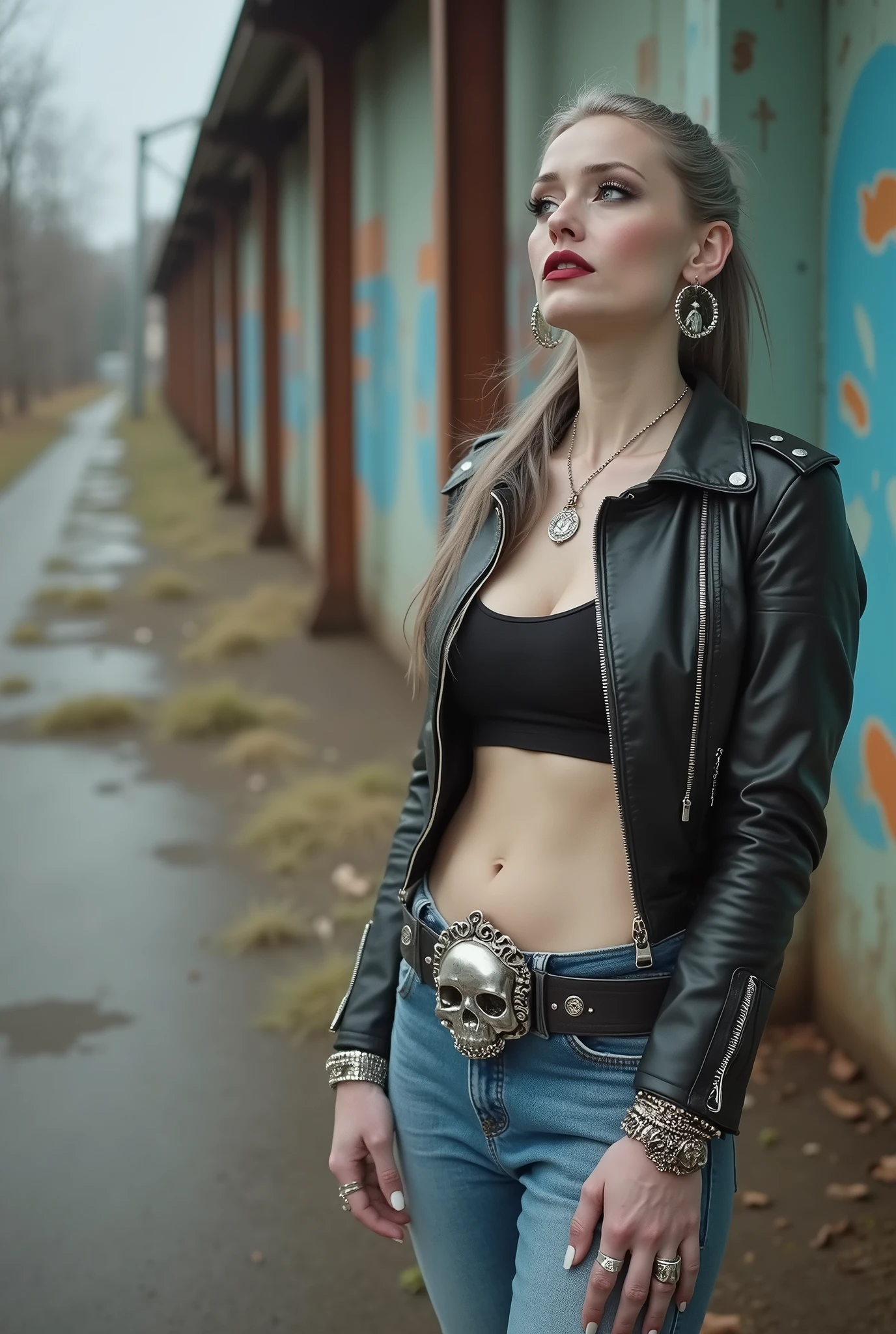 russian milf woman, grey hair (middle part) and wide colourful bandana as headband, with very light blue eyes, extremely pale. Wearing studded cropped black moto jacket with lots of zippers and pins, black and red lace push up bra , dark embroidered skinny blue jeans and pointy silver Chelsea boots with cuban heels . Lots of colourful thick bracelets, colourful collars and colourful rings. Tacky wide studded leather belt with oversized skull and bones buckle. Long bohemian earrings with feathers. Standing up, humble facial expression. Hands on her neck, showing off bracelets and rings. Chains around belt.. Listening in amazement to somebody speaking to her, toned six pack abdominals, thin neck, slim legs and thin arms. Tattoed heavily. A man looks at her. Scene in Karachi.