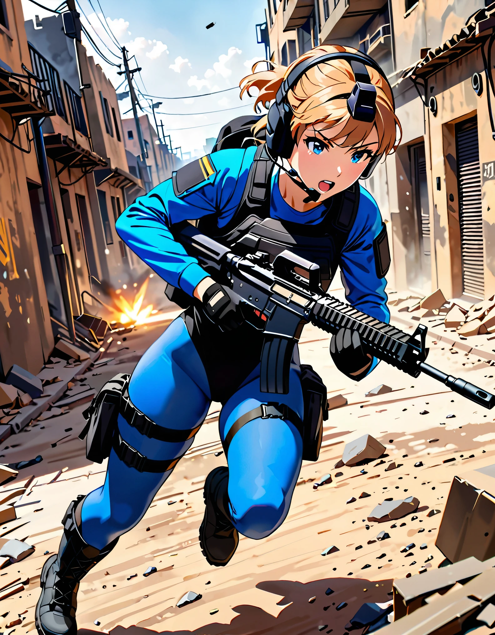(best quality), (masterpiece), (highres), 1girl, solo, solo focus, tactical headset, black leotard, blue sleeves, black gloves, full pantyhose, blue pantyhose, black boots, knee boots, tactical gear, holding gun, assault rifle, running, dutch angle, war zone background, danger atmosphere, cinematic lighting, daytime