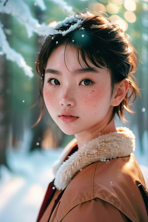 a beautiful japanese college girl with some freckles on her face inspired by hamada hideyaki shot by contax g1 with portra 800 film roll, ((short hair)), ((snowy pine forest)),winter,scenery:1.25,((intricate scenery)),((snow forest background)),