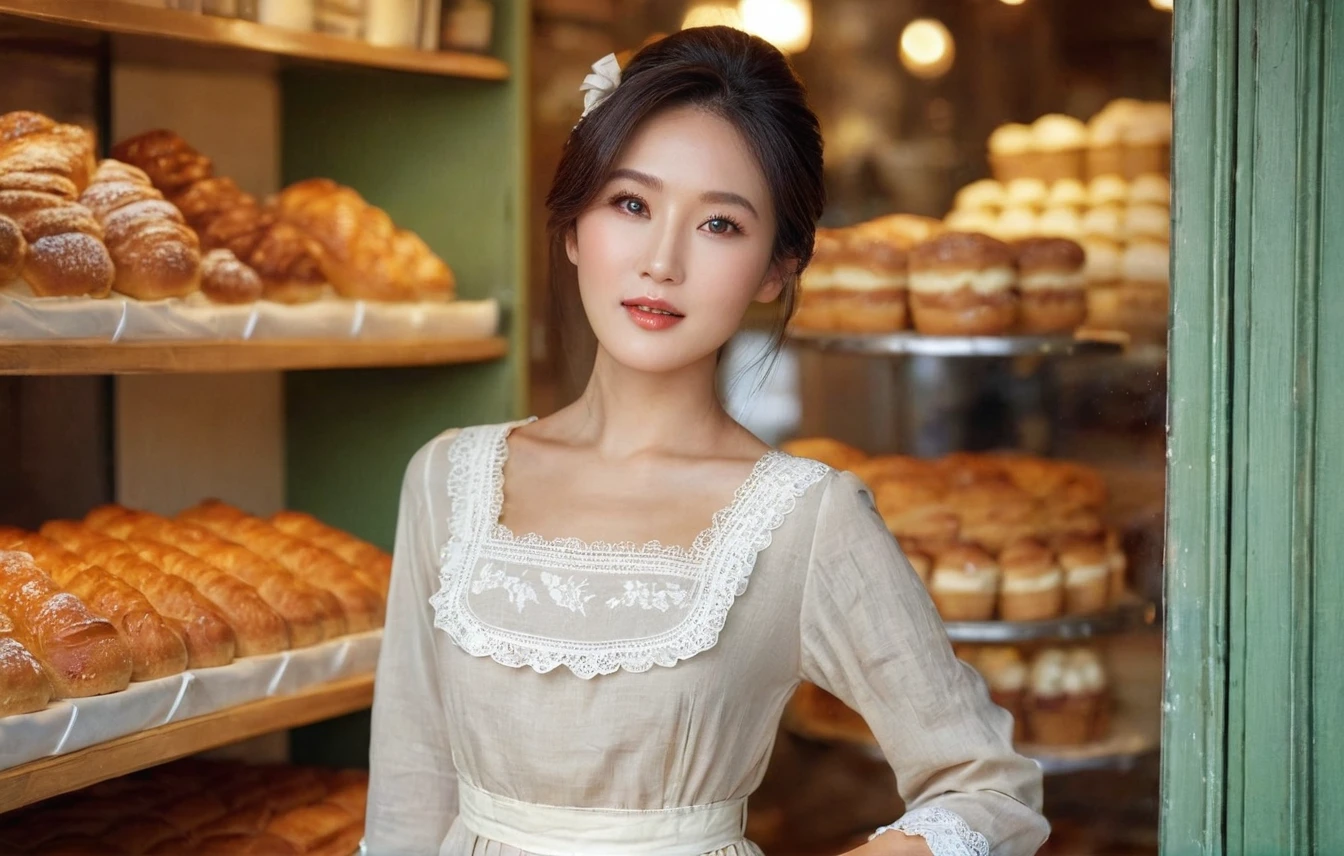 instagram photo, 40 y.o, breathtakingly beautiful korean japanese woman, eyes sparkling with joy, she stands at a vintage bakery shop, side dutch pose, ((turn towards right side)), full view whole body photography, (masterpiece), (RAW photo, best quality: 1.4), (1 woman), preppy model, feminine, (cute face), (incredibly beautiful body), top-quality, ​masterpiece, high resolution, Photorealistic, highly detailed, true to life, detailed eyes, detailed beautiful skin at ears, (no earrings), life-like detailed beautiful brown eyes, ((styled loose Updo hair, long black brown relaxed hair)), (((hair tucked behind ears))), extremely detailed skin, slight skin blemish, moist nude lips, (exceptional delicate perfect ears), hyper realistic, big dark brown eyes, sincere, confident, mesmerizing eyes,(double eyelid), (realistic face), ((fresh dewy healthy skin texture)),nice teeth, (moist lips)), light natural makeup, translucent white skin, realistic eyes, round iris black pupils, sparkly eyes, beautiful ear skin texture, (realistic skin), attractive, ultra high resolution, extremely realistic, wearing a feminine romantic cottage apron white dress long sleeves, intricate detailed blend of linen white cotton fabric and lace detailed stitching to create delicate frill dress embroidered detail on the chest, a delicate thin velvet ribbon neck princess bow, pleated at waist mid-length a-line skirt, beige brown colors fashionable feminine elegance by Max Mara Ready-to-Wear Collection, very detailed, golden ratio, graceful, (no jewelry), bare nude skin at neck, (nude ears), sharp focus side body, no earrings,effortlessly,serene eyes, natural morning daylight, Realistic,sharp focus,(intricate:1.03), Hyper Real, background: a french bakery shop, fruit pastries, Victorian door, Raw photography, overall mood is a crisp morning serene nostalgic vintage bakery interior design, depth of field, ((((8k))),((Extremely detailed CG)) ,(wallpaper),16k,extremely delicate and beautiful)