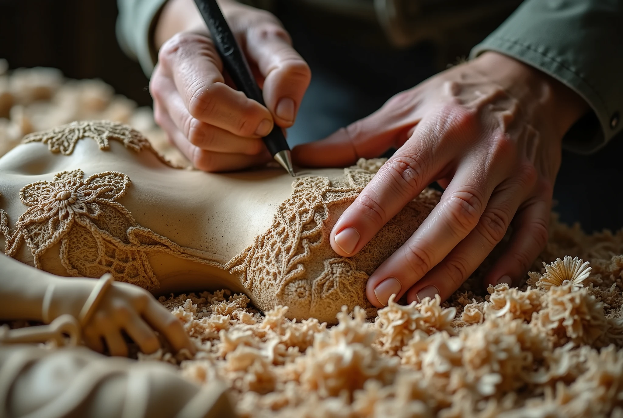 Close-up of the oldest hands, sculptant une grande sculpture en bois de chaîne d'une femme allongée couverte d'une robe en dentelle aux détails fractals, copeaux de bois, sculpture, grande précision du geste, travail sublime et délicat, oeuvre d'art, masterpiece, très haute qualité, SFW