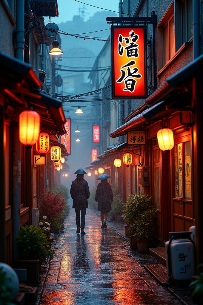 Japan, narrow alleyways, signs of various restaurants, nighttime, raining