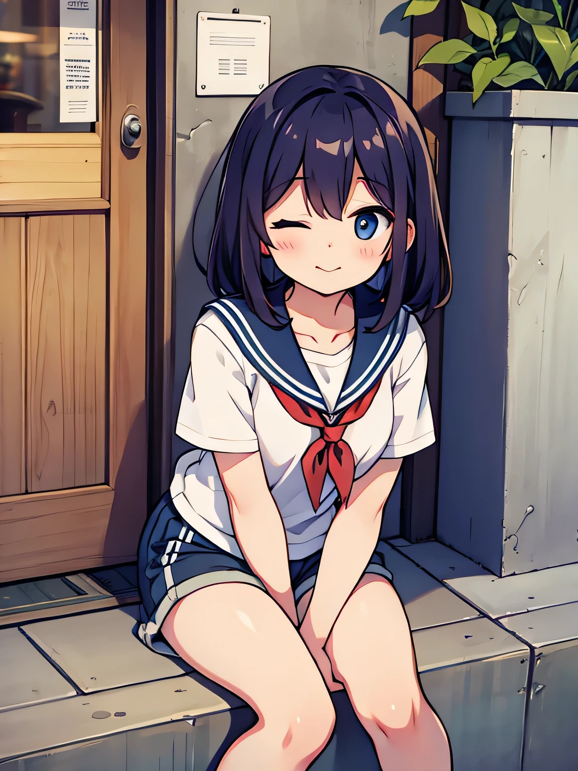 Chubby women、Short sleeve shorts、fine、Looking up、laughing、Eyes closed、Sweat、Pounce