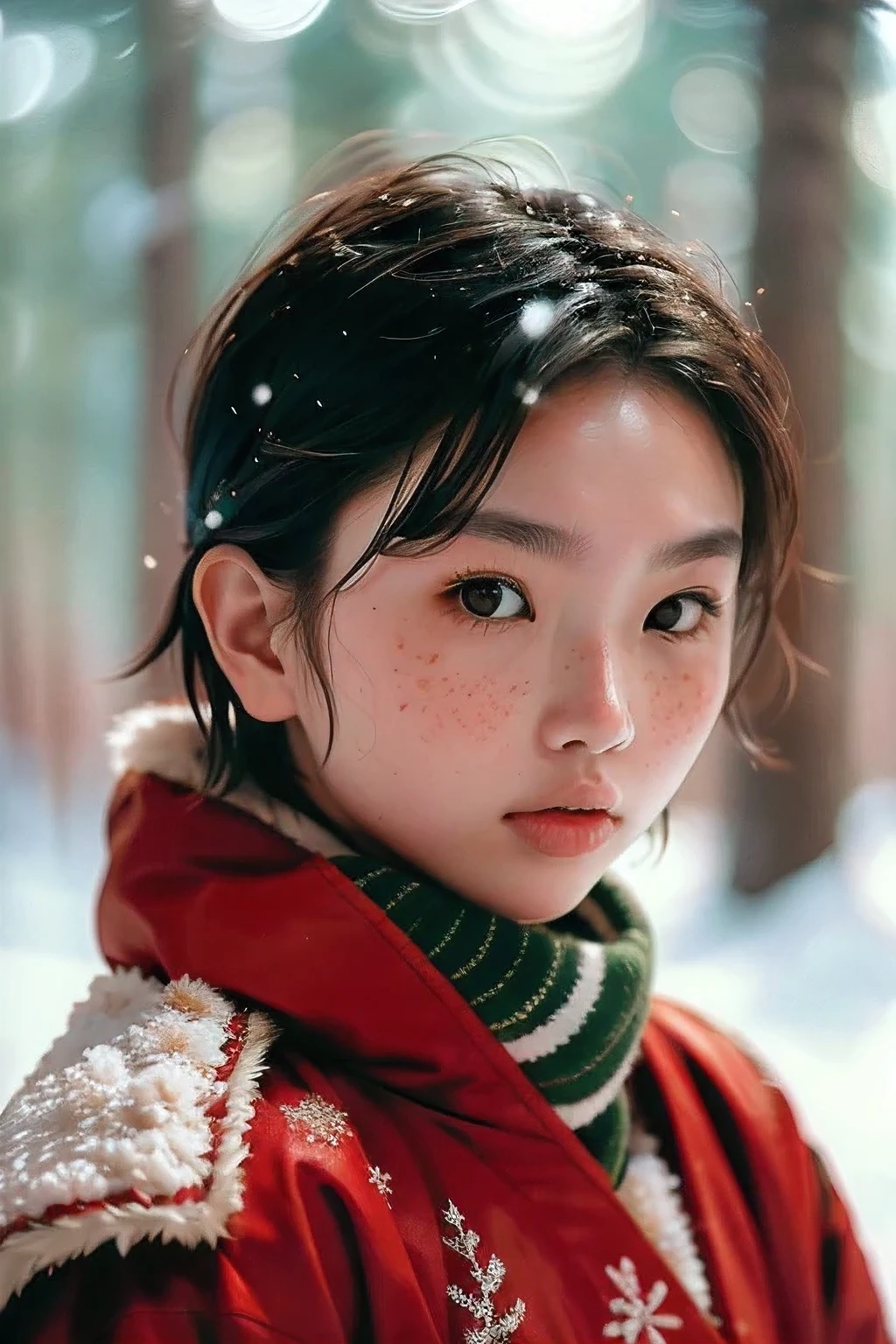 a beautiful japanese college girl with some freckles on her face inspired by hamada hideyaki shot by contax g1 with portra 800 film roll, ((short hair)), ((snowy pine forest)),winter,scenery:1.25,((intricate scenery)),((snow forest background)),