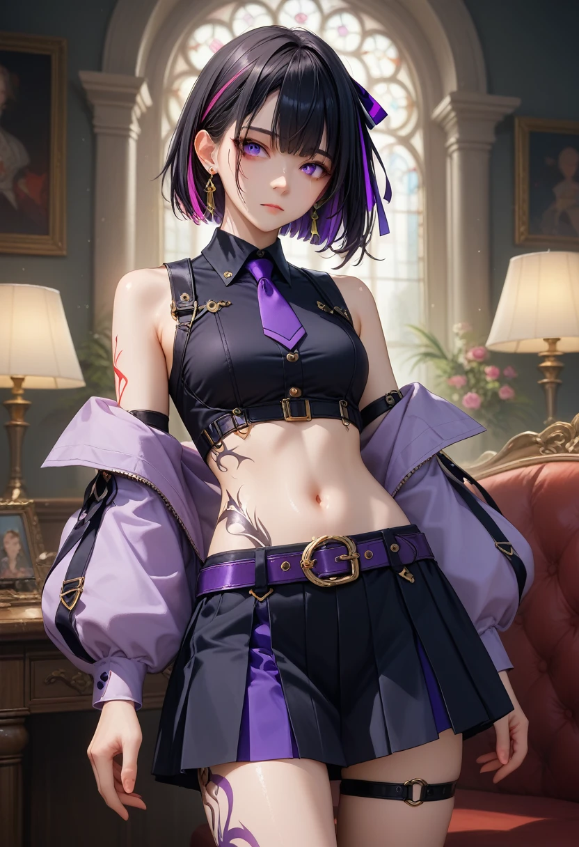 syuen, purple eyes, black hair, streaked hair, short hair, bangs, hair ribbon, earrings, purple jacket, necktie, detached sleeves, sleeveless, crop top, navel, midriff, skirt, belt, leg tattoo, mole under eye,9,score_8_up,score_7_up,masterpiece,best quality,perfect anatomy,very aesthetic,official art,8k,shiny_skin,fair_skin,white_skin, Идет по Улице с Улыбкой
