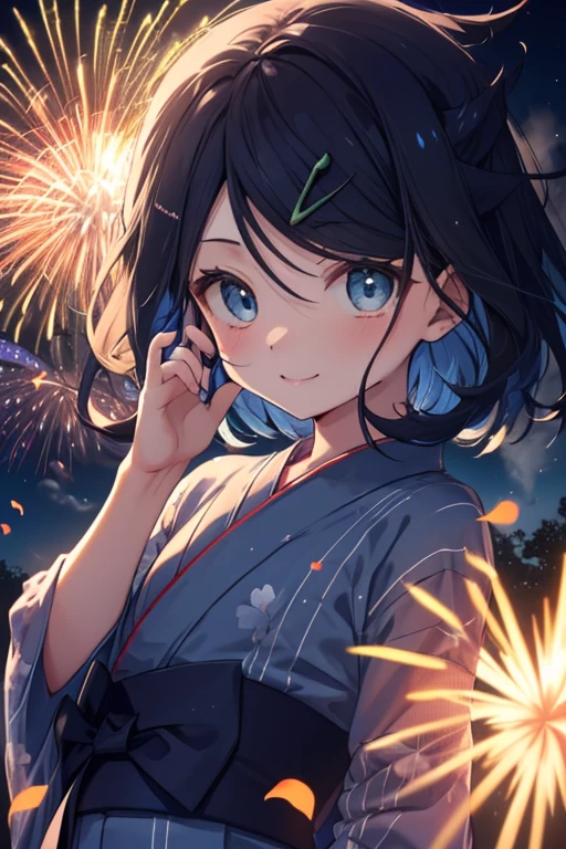 (masterpiece, Highest quality, 8K ultra-high resolution:1.4), Pokemon Riko, (A colorful navy blue yukata, night: 1.4), (Summer festival), ((turn around)), Beautiful Eyes,Flash photography, Backlight,  ((Close-up of face:1.4)), (The best smile of my lover:1.4), ((((Smile brightly)))), (Show your palm to the camera), (Beckon), Written boundary depth, Dramatic portrayal, (Colorful fireworks background), Focus of the film, , Emotional composition, Emotional engine full throttle BREAK Young and cute, Slender body, Flat Chest, Highly detailed glossy skin,Sweat,  完璧なPokemon Riko
, Wind, detailed in the Wind, petals dancing in the Wind
BREAK
ultra detailed crystal eyes, Eyes like shining jewels