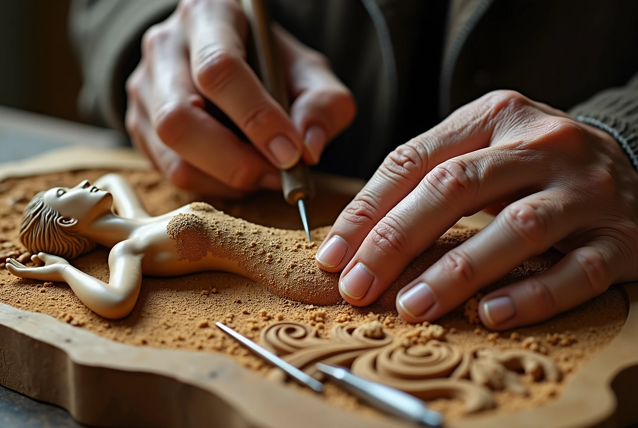 Close-up of the oldest hands, taillant une grande sculpture en bois de chaîne d'une femme allongée couverte d'une robe à fines bretelles et aux détails fractals, copeaux de bois, sculpture, ciseau à bois, outils de sculpteur, grande précision du geste, travail sublime et délicat, oeuvre d'art, masterpiece,  très haute qualité, les mains sont les éléments principaux de la scène, les mains sont hyperréalistes et nets