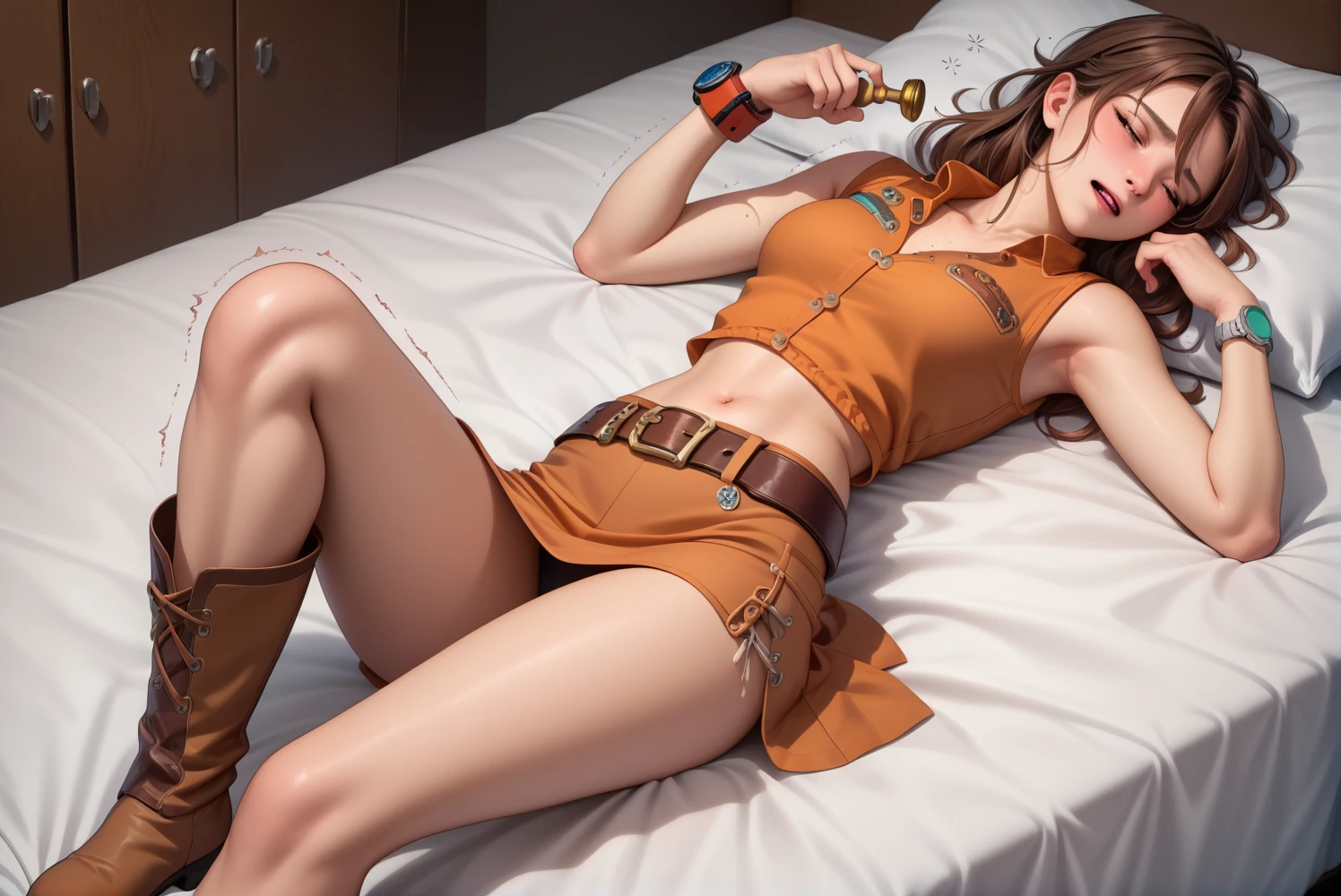 Gemini Sunrise,Brown sleeveless collared cowgirl shirt,Ultra mini skirt,Western belt with holster,Western Boots,Watch on wrist,Sheriff badge on chest,Navel exposed,Drunk,Above the knee shot,Trembling,hiccups,View here,Lying in bed,Ultra-high resolution,16K