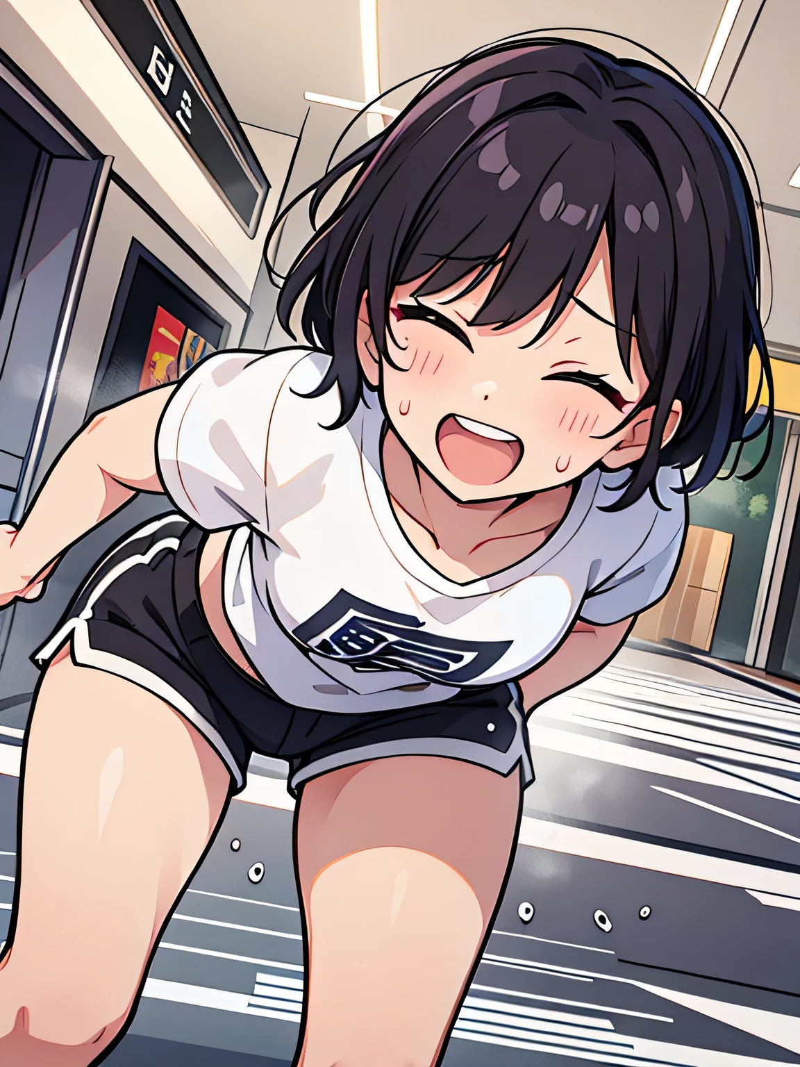 woman、Short sleeve shorts、fine、laughing、Eyes closed、Sweat、Pounce