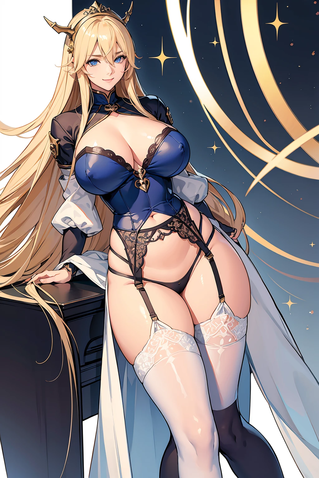 Browsing Caution, Sensual, Long blonde hair, Thick Thighs, 8k, 4K, Highest quality, (High resoluTion:1.6), Cute anime face, Noise Reduction, long hair, flaxen Hair、 (Sparkling Blue Eyes, A kind smile:1.3, Kind eyes:1.3)、Young Face, Anime Eyes, Asheria、(SFW GianT:1.9), gigantic breasts, Large areola, Puffy nipples:1.3、Long tights, Knee-high boots、(garter belt:1.5)、Beautiful hands, Beautiful fingers、(High cut Thong:1.5),squat, Spread your legs, Listen to me, listen don&#39;T, Angel Mort Uniform, thighhighs, Exposing shoulders, detached sleeves, leotard, waitress, oda non,