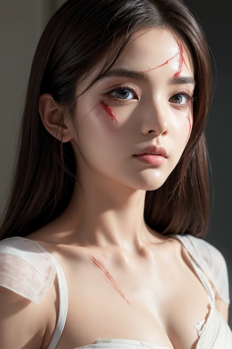 Anatomically correct depiction、masterpiece、Highest quality、8k、Attractive beautiful almond-shaped eyes、Big black eyes、Long eyelashes、美しい桜colorの唇、A high, well-defined nose、color々Hairstyle、美しく輝くcolor々な髪color、((Realistic:1.3))、Bold composition、Highly detailed face、Detailed、Golden Ratio Face、Ultra-high resolution、Beautiful white smooth skin、(blush:1.2)、Damaged armor、Covered in scars、Blood soaked bandages、Place々Lost clothes、Bandage wrapped around the face
