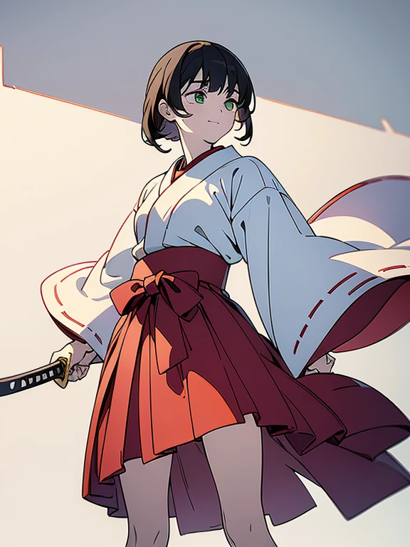 ((((masterpiece, Best Quality, Ultra-high resolution、Best illustrations))))、((Portrait of a person standing against a white background))、anime、A highly concentrated individual、(Very delicate and cute face)、(Sparkling Eyes)、A beautiful 18-year-old shrine maiden girl stands alone、smile、Red cheeks、Medium length black hair、Clean green eyes、Long red hakama、Knee-high boots、He is wearing a wooden sword at his waist.、Oblique right view、((Perfect hands))、