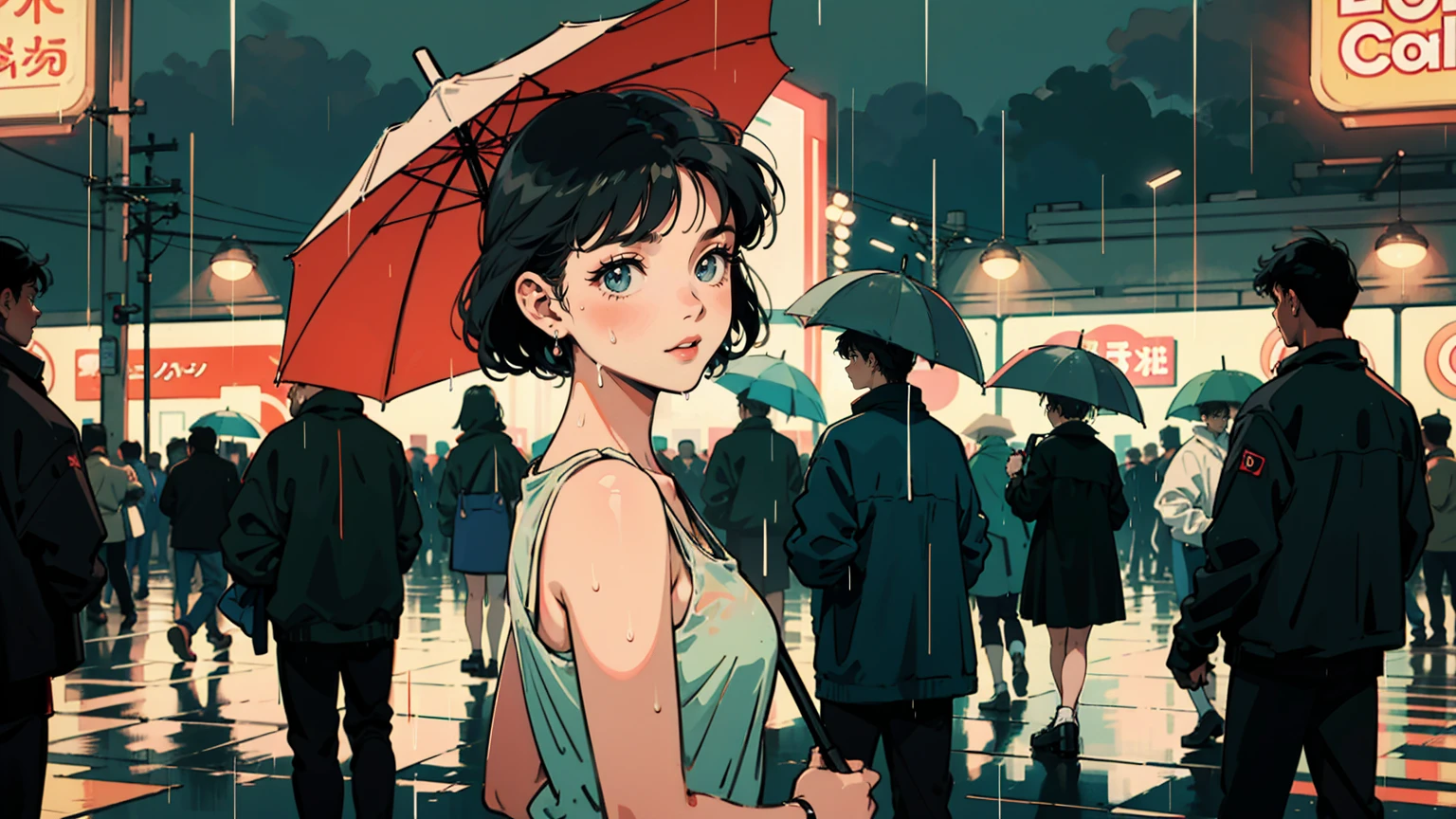 1980s anime style: Rainy Tokyo train platform. A lone 21-year-old woman stands out, holding a transparent umbrella, gently turning to face viewer. Only she makes eye contact, depicted in vibrant, diverse colors against muted, rainy backdrop. she is wearing a tank top. Other passengers blurred, facing away with various umbrellas. Wet platform reflects neon signs. Soft, diffused lighting through rain creates nostalgic atmosphere. Composition highlights her presence amid urban rainy day bustle. various colors in the image