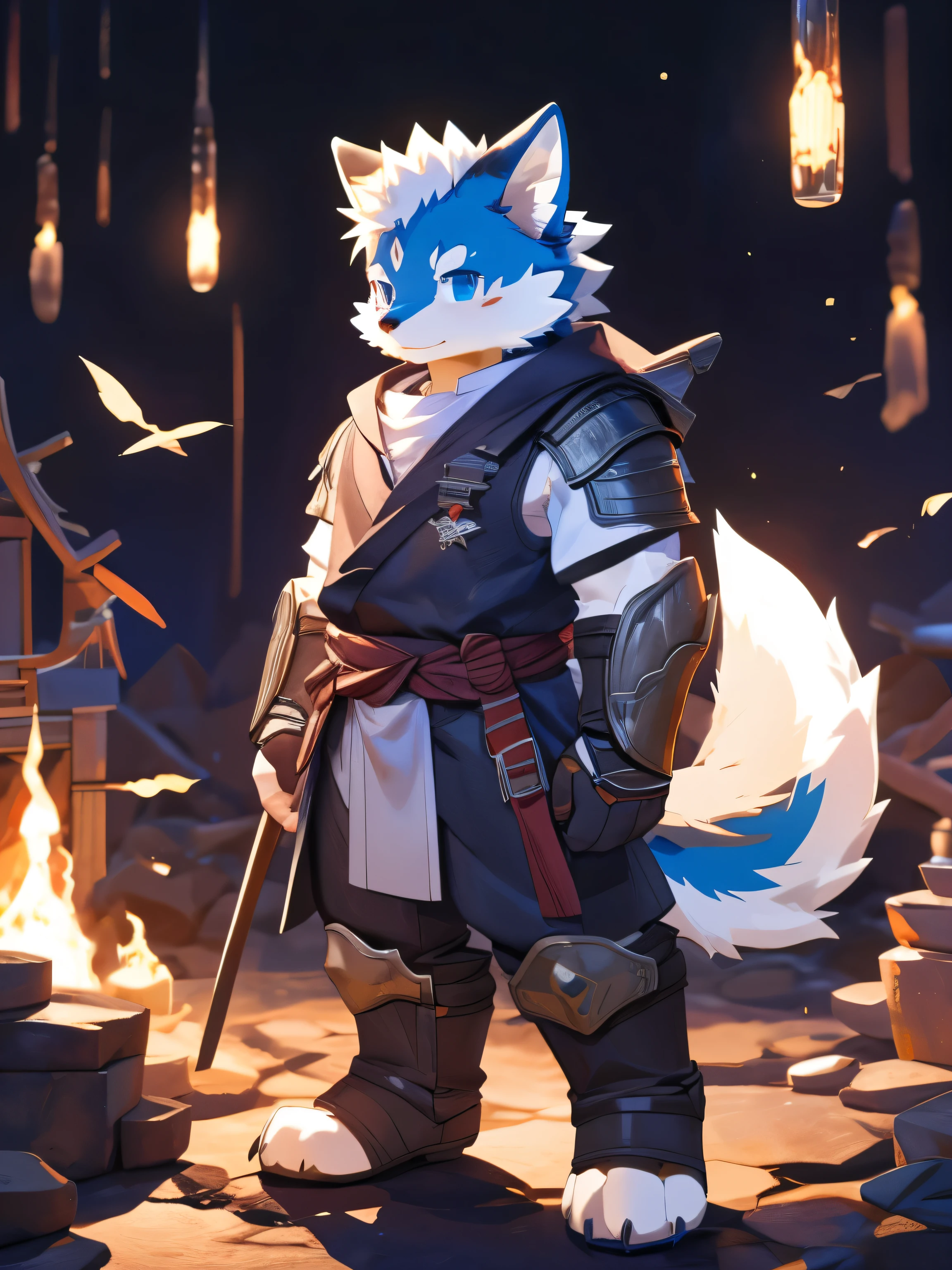 nj5furry，kemono，full-length portrait，anthro，hi res，male，White Wolf，warrior，Metal Armor，strong，Fluffy hair，Plush tail，A tail，Delicate eyes，Detailed eyes
