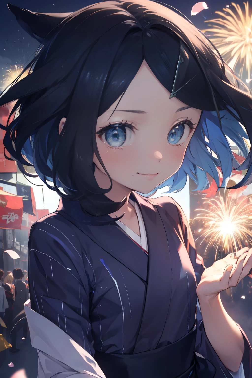 (masterpiece, Highest quality, 8K ultra-high resolution:1.4), Pokemon Riko, (A colorful navy blue yukata, night: 1.4), (Summer festival), ((turn around)), Beautiful Eyes,Flash photography, Backlight, ((Close-up of face:1.4)), (The best smile of my lover:1.4), ((((Smile brightly)))), (Show your palm to the camera), (Beckon), Written boundary depth, Dramatic portrayal, (Colorful fireworks background), Focus of the film, , Emotional composition, Emotional engine full throttle BREAK Young and cute, Slender body, Flat Chest, Highly detailed glossy skin,Sweat, 完璧なPokemon Riko
, Wind, detailed in the Wind, petals dancing in the Wind
BREAK
ultra detailed crystal eyes, Eyes like shining jewels