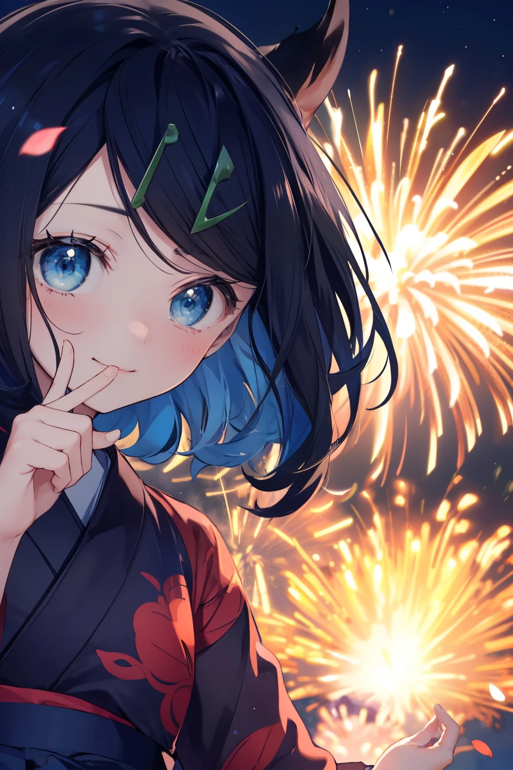 (masterpiece, Highest quality, 8K ultra-high resolution:1.4), Pokemon Riko, (A colorful navy blue yukata, night: 1.4), (Summer festival), ((turn around)), Beautiful Eyes,Flash photography, Backlight,  ((Close-up of face:1.4)), (The best smile of my lover:1.4), ((((Smile brightly)))), (Show your palm to the camera), (Beckon), Written boundary depth, Dramatic portrayal, (Colorful fireworks background), Focus of the film, , Emotional composition, Emotional engine full throttle BREAK Young and cute, Slender body, Flat Chest, Highly detailed glossy skin,Sweat,  完璧なPokemon Riko
, Wind, detailed in the Wind, petals dancing in the Wind
BREAK
ultra detailed crystal eyes, Eyes like shining jewels