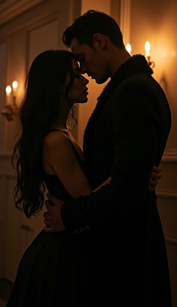 I want the silhouette of a girl in some kind of darkness, a room or something specific, the girl has very long black hair, green eyes, fine nose, red lips and very pale skin. She wears a red dress. She will be clinging to a guy who looks like Sebastian Stan., very attractive, black fur, black eyes, pale skin, dressed in a black suit.

