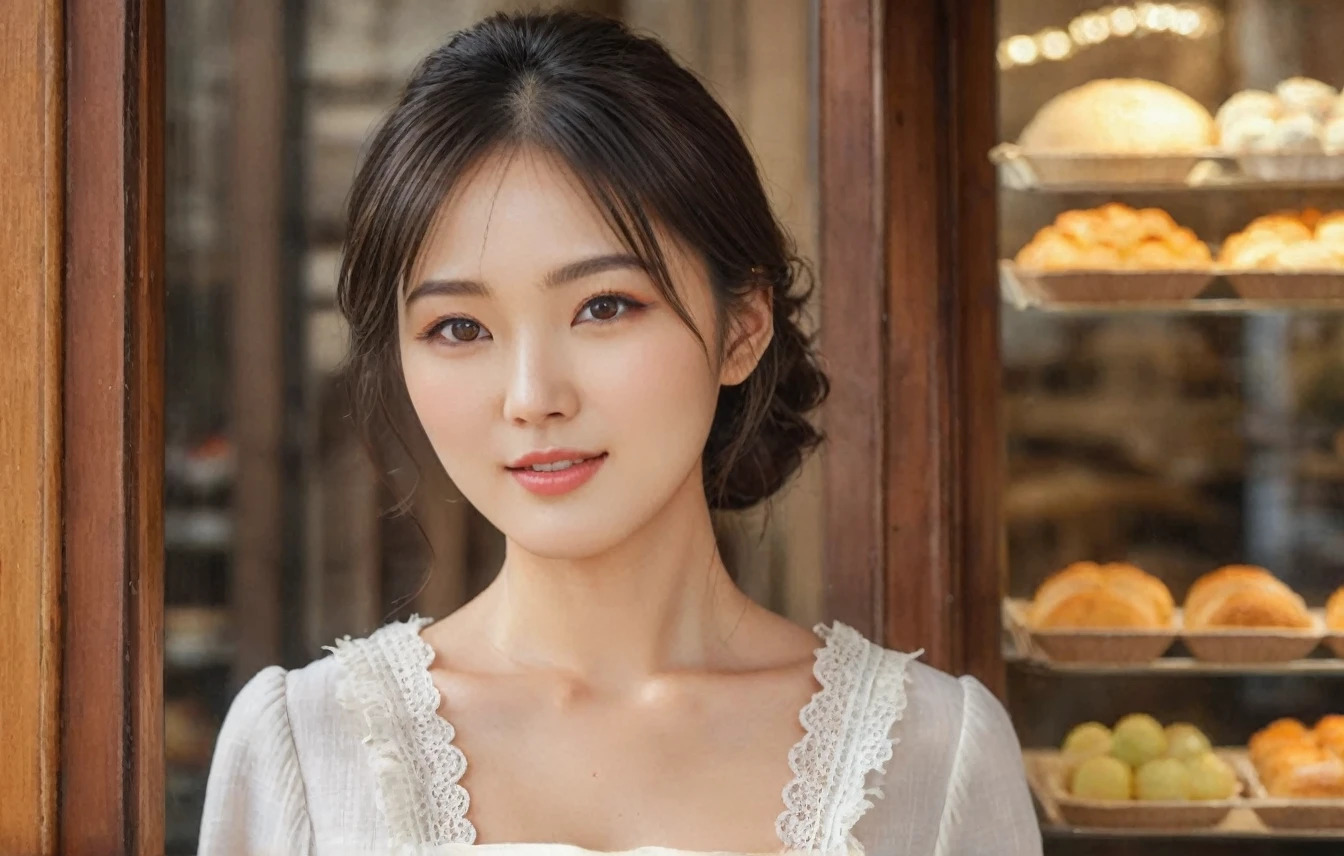 instagram photo, 40 y.o, breathtakingly beautiful korean japanese woman, eyes sparkling with joy, she stands at a vintage bakery shop, side dutch pose, ((turn towards right side)), full view whole body photography, (masterpiece), (RAW photo, best quality: 1.4), (1 woman), preppy model, feminine, (cute face), (incredibly beautiful body), top-quality, ​masterpiece, high resolution, Photorealistic, highly detailed, true to life, detailed eyes, detailed beautiful skin at ears, (no earrings), life-like detailed beautiful brown eyes, ((styled loose Updo hair, long black brown relaxed hair)), (((hair tucked behind ears))), extremely detailed skin, slight skin blemish, moist nude lips, (exceptional delicate perfect ears), hyper realistic, big dark brown eyes, sincere, confident, mesmerizing eyes,(double eyelid), (realistic face), ((fresh dewy healthy skin texture)),nice teeth, (moist lips)), light natural makeup, translucent white skin, realistic eyes, round iris black pupils, sparkly eyes, beautiful ear skin texture, (realistic skin), attractive, ultra high resolution, extremely realistic, wearing a feminine romantic cottage apron white dress long sleeves, intricate detailed blend of linen white cotton fabric and lace detailed stitching to create delicate frill dress embroidered detail on the chest, a delicate thin velvet ribbon neck princess bow, pleated at waist mid-length a-line skirt, beige brown colors fashionable feminine elegance by Max Mara Ready-to-Wear Collection, very detailed, golden ratio, graceful, (no jewelry), bare nude skin at neck, (nude ears), sharp focus side body, no earrings,effortlessly,serene eyes, natural morning daylight, Realistic,sharp focus,(intricate:1.03), Hyper Real, background: a french bakery shop, fruit pastries, berries cake,Victorian door,extremely delicate and beautiful, Raw photography, overall mood is a crisp morning serene nostalgic vintage bakery interior design, depth of field, ((((8k wallpaper))),16k, ((Extremely detailed CG)) 