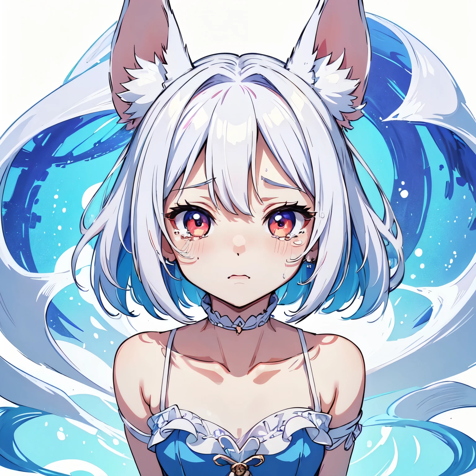 anime style, cute small white rabbit, (((tears streaming down their face, looking very scared))), 1girl, (((chibi))), red eyes, tall ears, (bob hairstyle), large face, short stature, wearing a light blue dress, (best quality,4k,8k,highres,masterpiece:1.2), intricate details,highly detailed,exquisite,stunningly beautiful,vibrant colors,soft lighting,fantasy,magical realism,((white background)) (simple background),