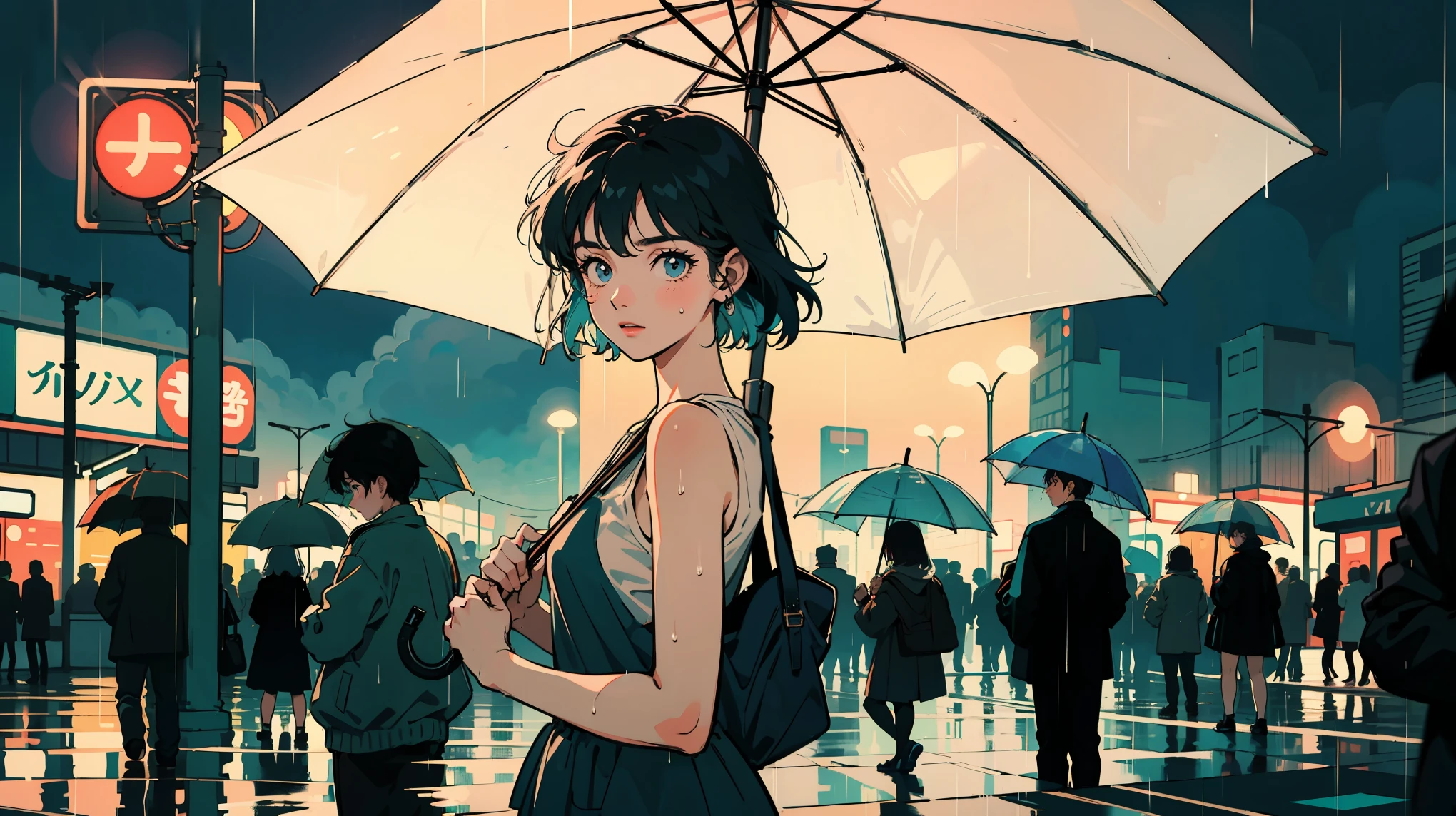 1980s anime style: Rainy Tokyo train platform. A lone 21-year-old woman stands out, holding a transparent umbrella, gently turning to face viewer. Only she makes eye contact, depicted in vibrant, diverse colors against muted, rainy backdrop. she is wearing a tank top. Other passengers blurred, facing away with various umbrellas. Wet platform reflects neon signs. Soft, diffused lighting through rain creates nostalgic atmosphere. Composition highlights her presence amid urban rainy day bustle.