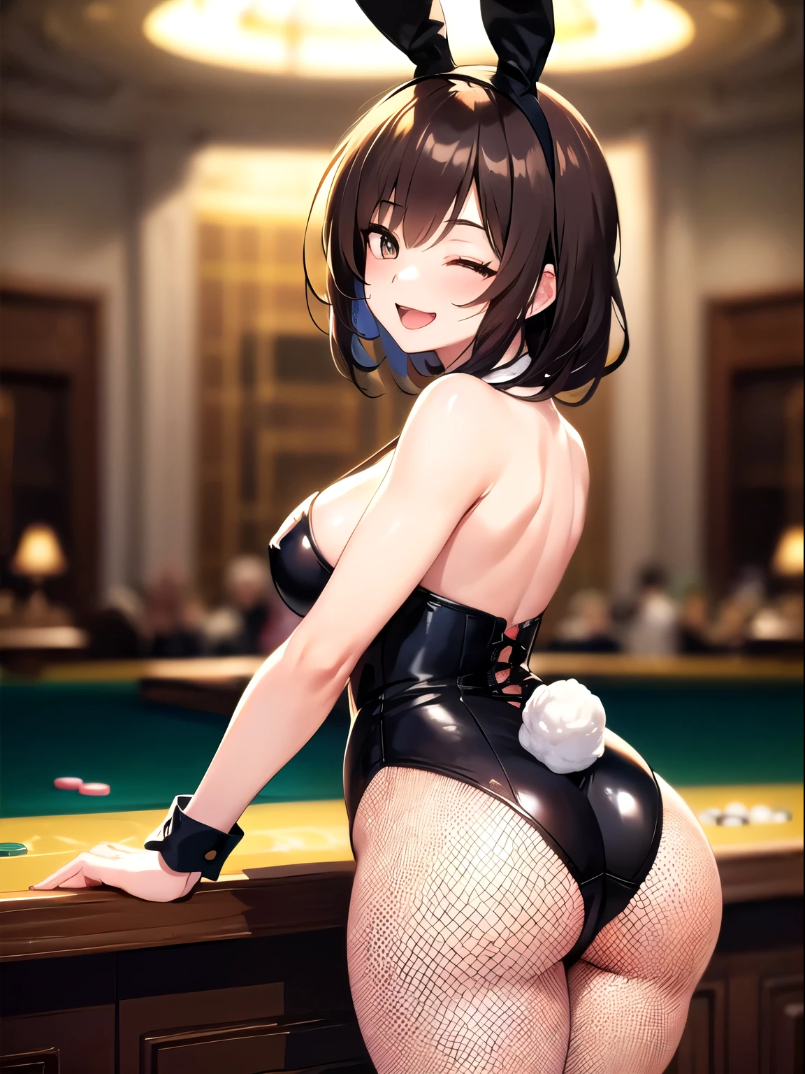 casino, (1 girl), cute, ((Bunny girl)), Rabbit headband, (Black fishnet stockings:1.4), (Close one eye:1.4), Brown medium hair, (Arms at your sides:1.3), (smile:1.3), (Open your mouth:1.3), indoor, Cowboy Shot, ((Highest quality)), ((masterpiece)), (Detailed), Perfect Face, Perfect Arms, (Perfect hands), (Perfect Fingers), anime, Ultra-fine illustration,