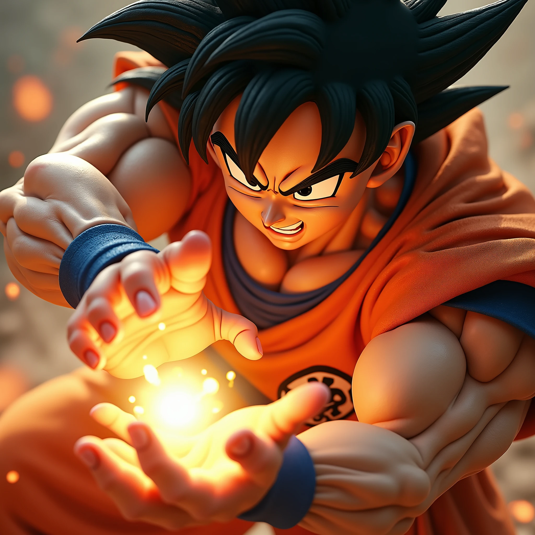 very super close-up image of the hands of Son Goku\(Dragon Ball\(manga\), muscular,shouting,angry,orange robe\) ,pose of Kamehameha, shooting a beam from hands,realistic art style, generate only hands, screenshot of the action movie