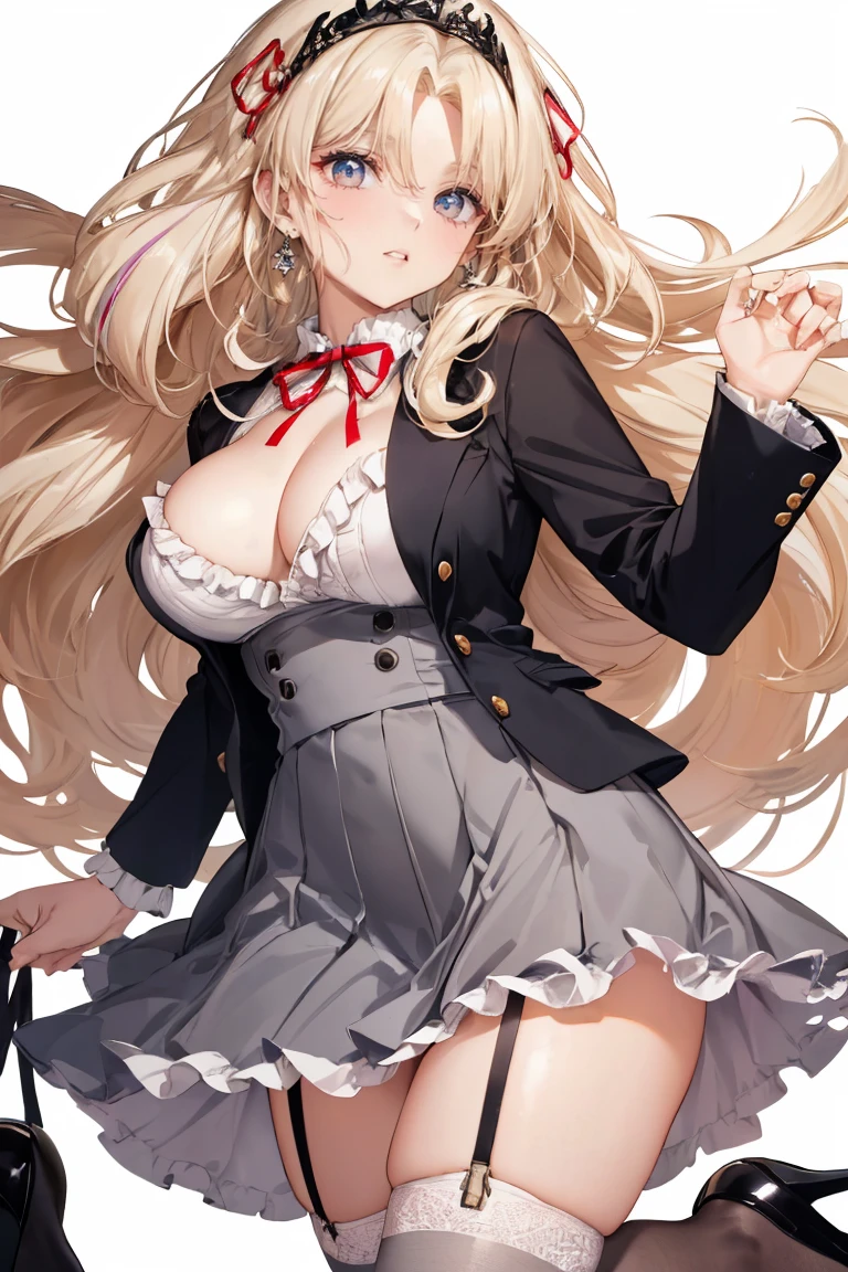 (cowboy shot: 1.5), (white background, simple background: 1.5), (masterpiece:1.5), (big breasts: 1.5), (1 girl: 1.5), young woman, (Beautiful Girl:1.5), (extremely detailed and delicate anime face and eyes:1.5), whole body, (natural light, HDR, extremely details CG:1.3), (dynamic posture: 1.3), {correct body anatomy}, (wide hips: 1.3), (perfect hands: 1.5), single focus, toned body, Beautiful Lips, thick lips, {surreal}, {correct posture}, {minutes details}, {detailed body}, {detailed clothing}, (Bright Eyes: 1.3), (cleavage: 1.3), {accessories}, {sexy}, (Short blazer: 1.5), long sleeves jacket, (open jacket: 1.5), (puffed sleeves: 1.3), one-piece dress, (wide sleeves: 1.3), (school dress: 1.5), (dress with frills: 1.5), (skirt with lots of frills: 1.5), (white lace-trimmed legwear: 1.5), white thighhighs, garter belt, (Hakama bow: 1.3), (black high heels: 1.3), jewelry, (neck ribbon: 1.5), (bowtie: 1.3), hairband, (tiara: 1.2), earrings, (light smile: 1.3), (extra long hair: 1.5), (two-tone hair: 1.5), (pale blonde hair with lilac streaks: 1.5), (permed hair: 1.5), (long wavy hair: 1.3), very thick hair, (open forehead: 1.5), glowing hair, (bright light gray eyes: 1.3),