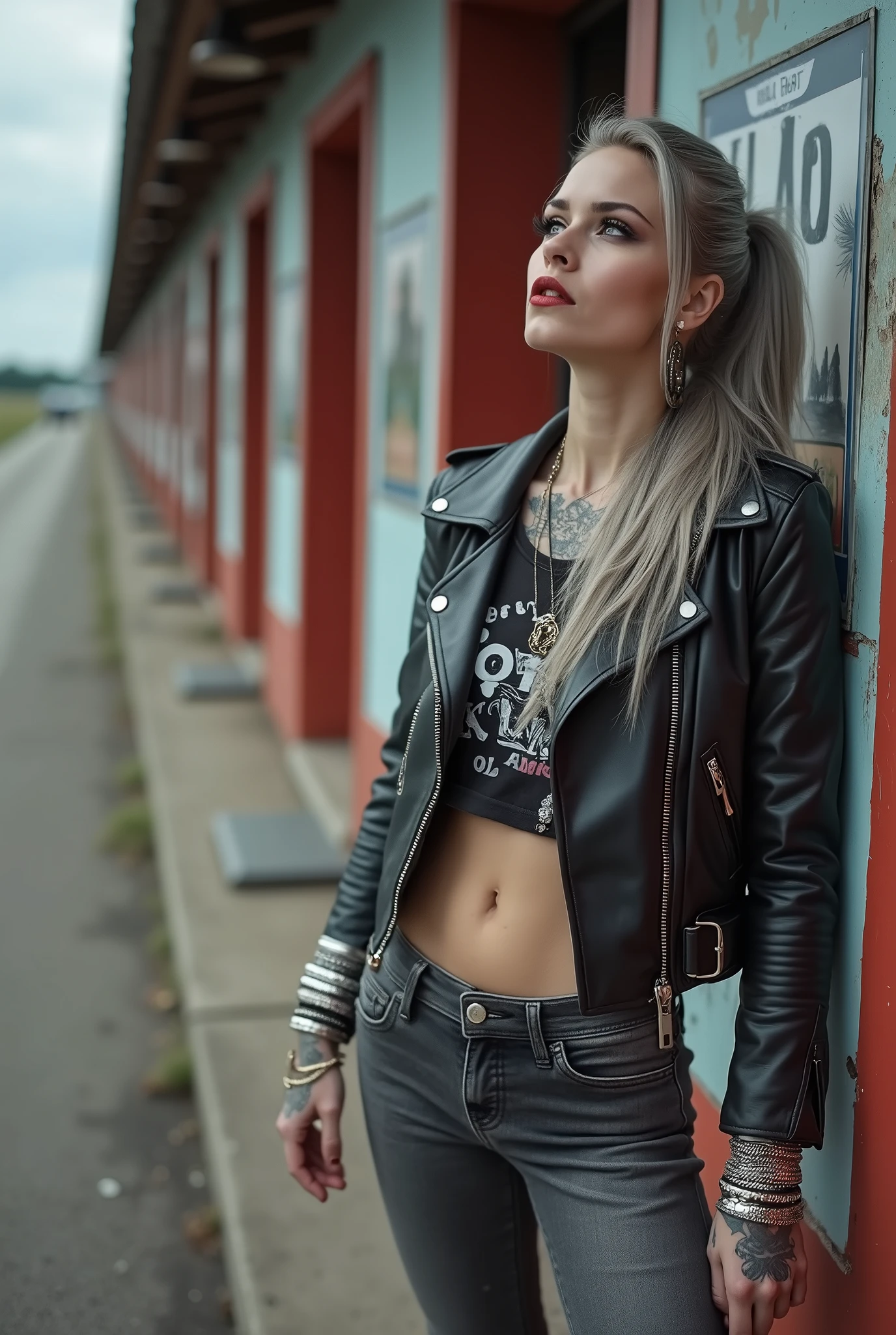 russian old milf woman, biker gang member, long grey hair (low ponitail) with very light blue eyes, extremely pale, heavy eye shadows. Thin. Sad, humbled face, smeared excessive make up and smeared excessive dark red lipstick Wearing cropped black moto jacket, black cropped t-shirt with rock band logo, skinny black jeans and white tennis sneakers. Lots of metallic bracelets. Big pentacle pendant. Tacky wide belt with massive skull and bones buckle . Tattoed. Piercing in belly button. Lots of rings and ethnic bracelets. Wide loop earrings.  She thinks God is in front of her and talking to her, mouth and eyes open in amazement. Toned abs, long neck, thin arms and legs