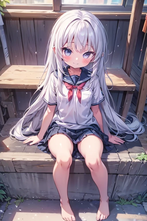one person！！、Baby Face、Lori、smile、Innocent face、human、6 year old girl、Long Hair、bionde！、With bangs、small、1st grade elementary school students、Big eyes、barefoot、black eye、cute、Are thin、Very small breasts、Height: small、Body small、Short legs、、With legs apart、School、School uniform、Short sleeve、Bare Skin